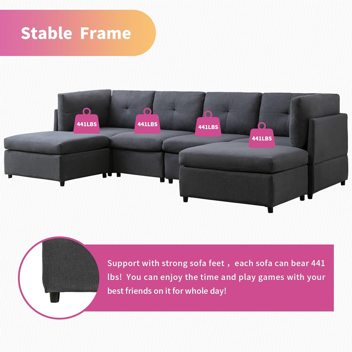 FRETSAE Sofá modular seccional, sofá convertible en forma de U con otomanas extraíbles, diseño capitoné, sofá modular de 6 asientos para sala de