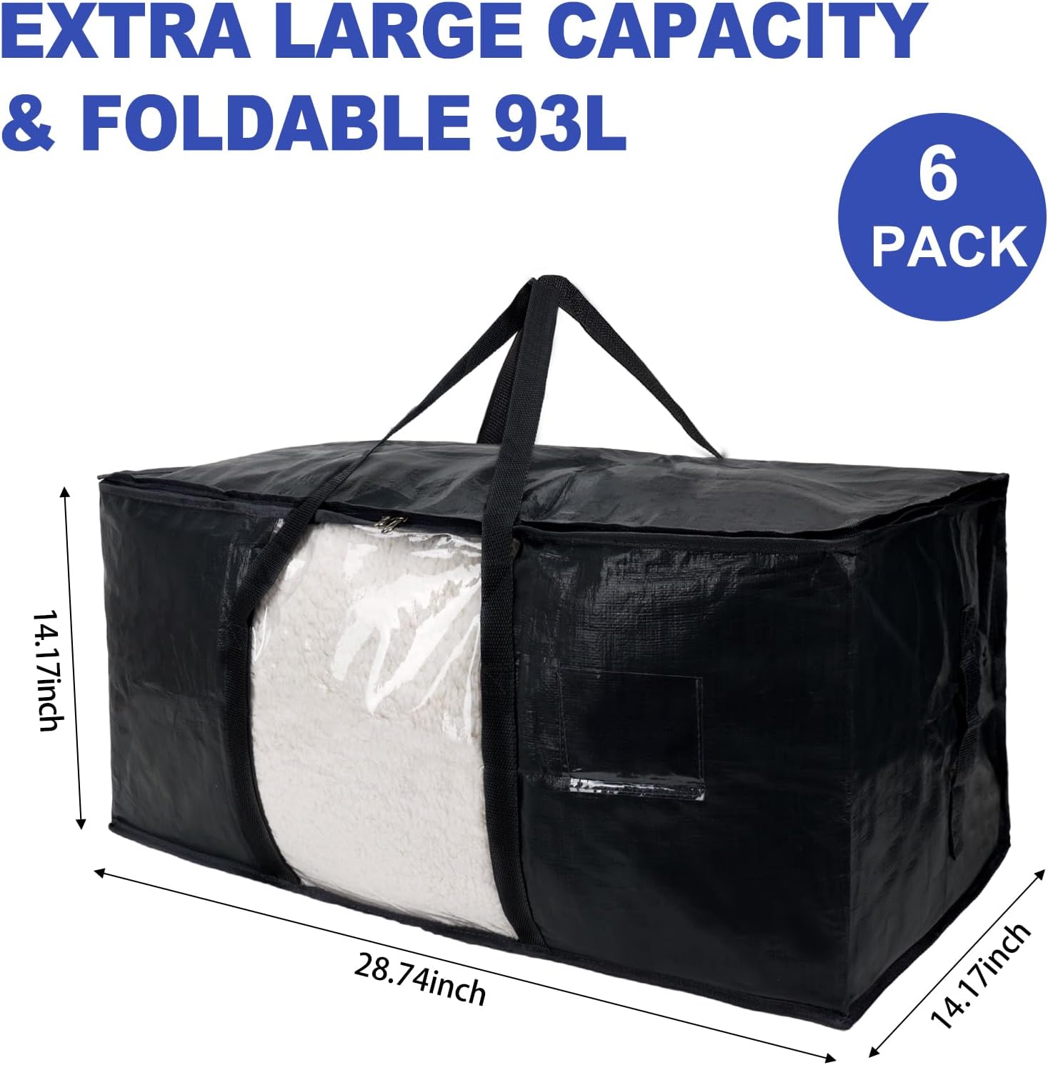 Fixwal Bolsas de mudanza resistentes, paquete de 6, 93 L, color negro, bolsas de almacenamiento con asas resistentes y ventana visible, ahorro de