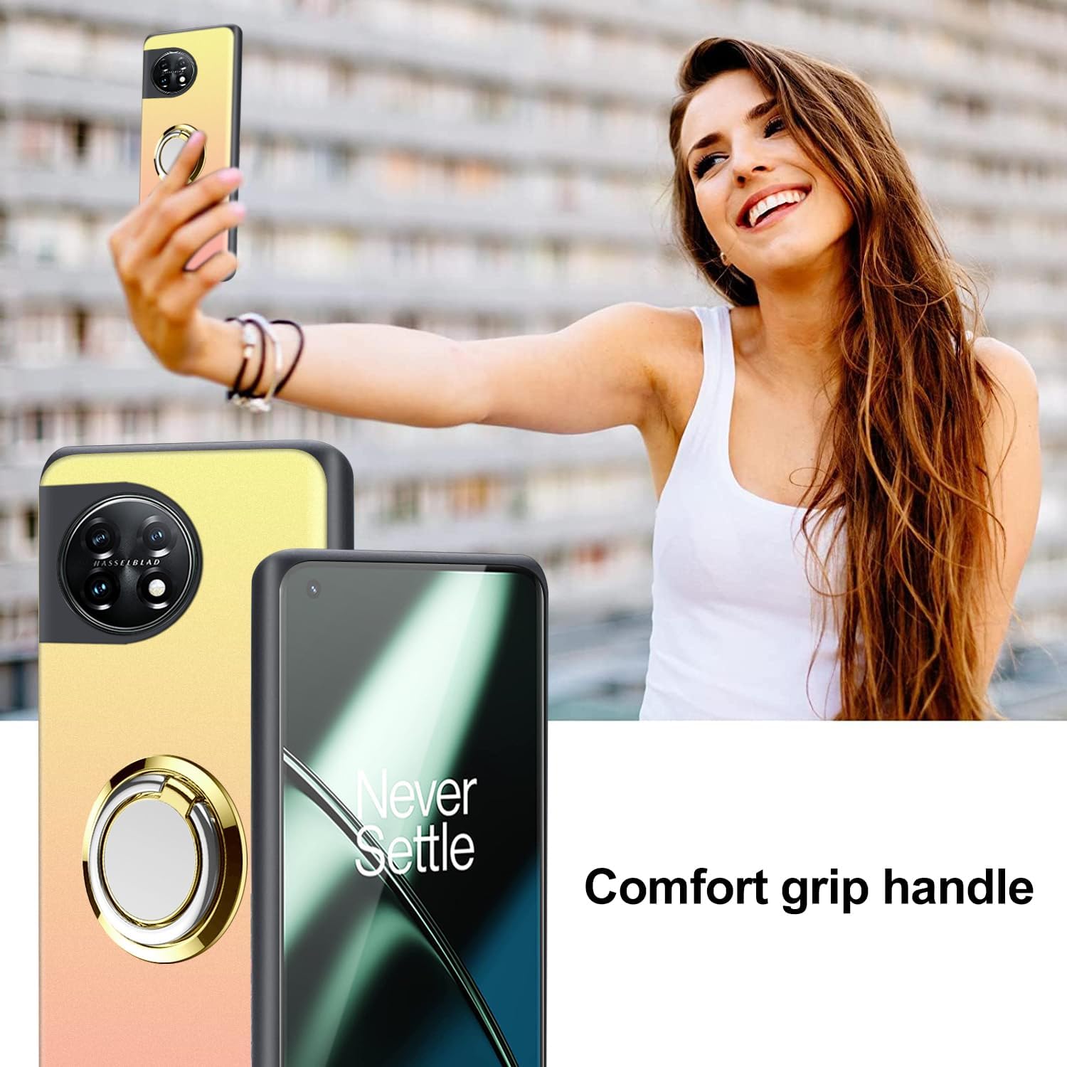 ZHIYIWU Funda para teléfono OnePlus 11 5G Ocultar plegable telescópico con anillo Kickstand a prueba de golpes, con 1 protector de pantalla esquinas