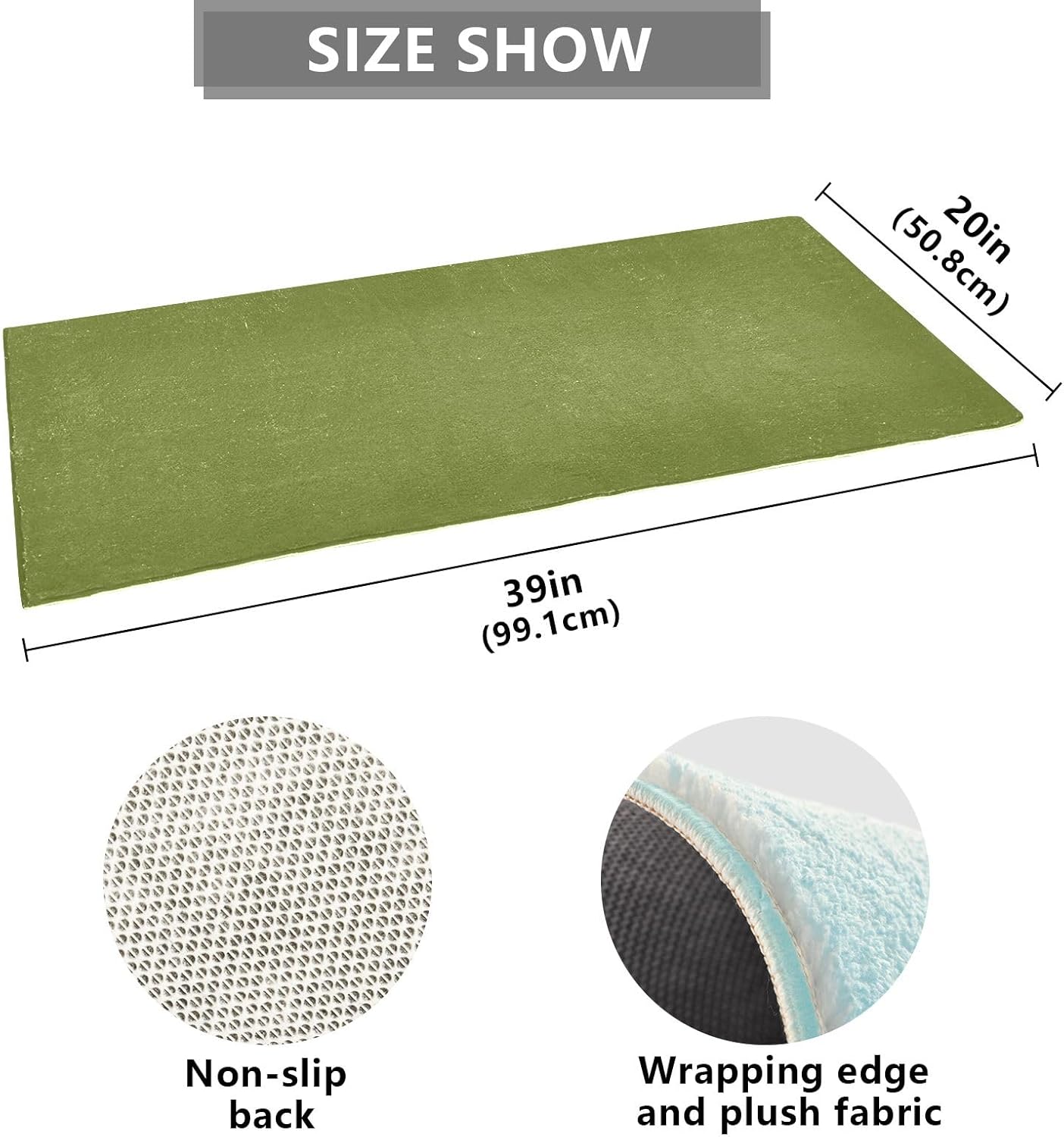 Alfombra de baño de felpa verde musgo, alfombra de baño con parte trasera de goma antideslizante, lavable, alfombra de baño absorbente, 39 x 20