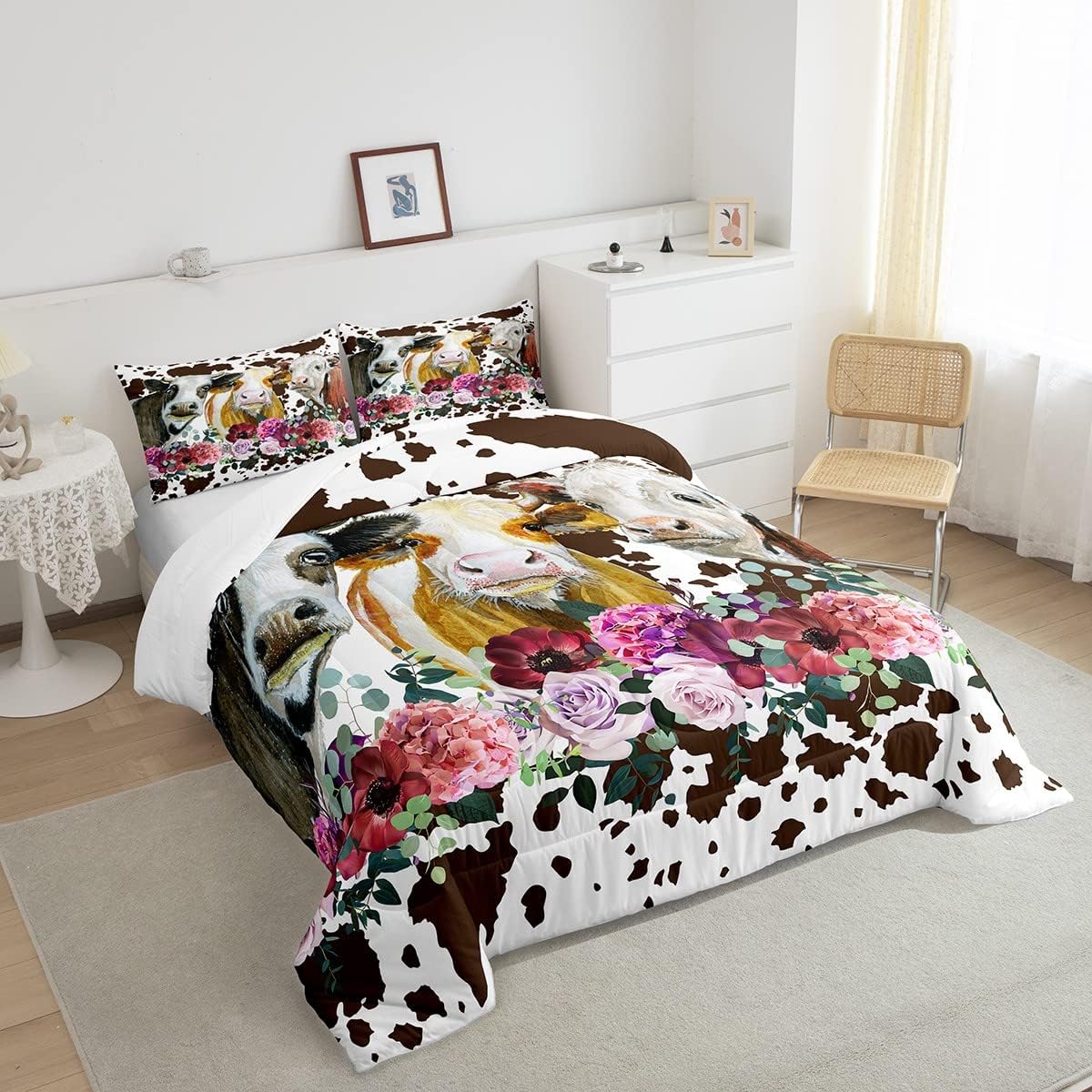 Juego de ropa de cama con estampado de vaca, tamaño Queen, juego de edredón de vaca de las tierras altas para niños, niñas y adolescentes, edredón