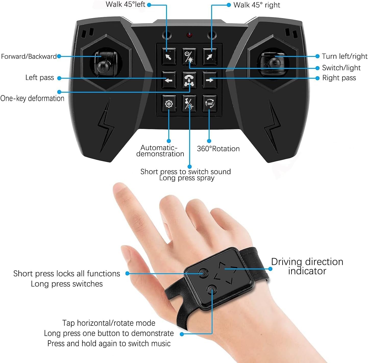 Gesture – Auto de control remoto con aerosol, transformación 4WD 360 gira todo terreno 2.4 GHz juguete con luces de música, autos de acrobacias RC