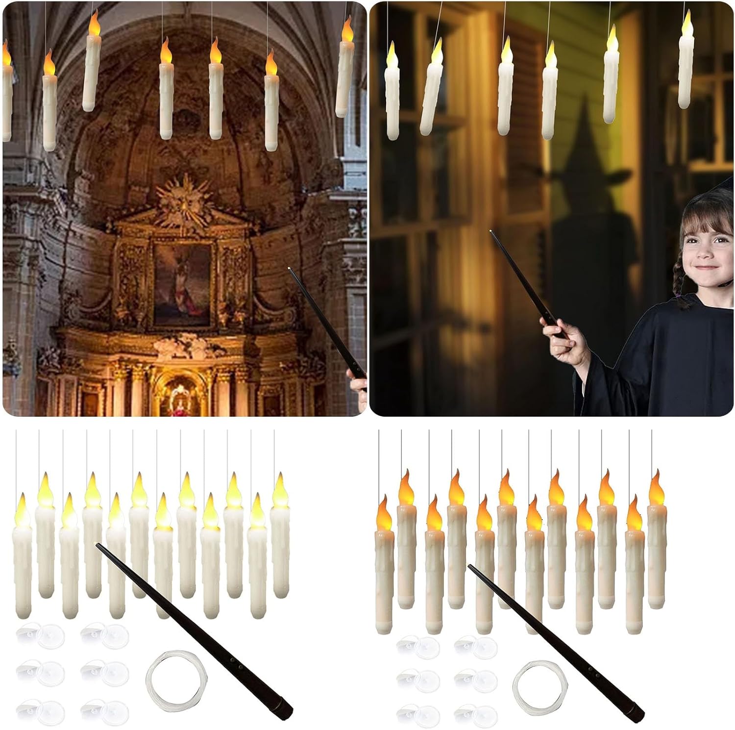 Velas flotantes de Halloween con control remoto de varita mágica, decoraciones de Halloween, 12 velas cónicas colgantes sin llama de 6.7 pulgadas,