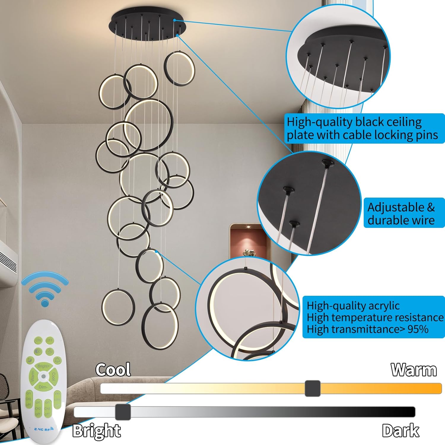 Modern Chandelier,Dimmable Black Chandelier with Remote Control 16 Rings Pendant Light Adjustable Height Hanging High Ceiling Light Fixture,for