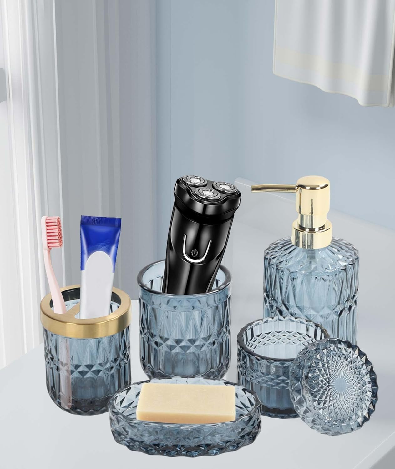 Juego completo de 5 piezas de accesorios de baño azules, soporte para cepillo de dientes, vaso, dispensador de loción, jabonera, tarros de hisopos