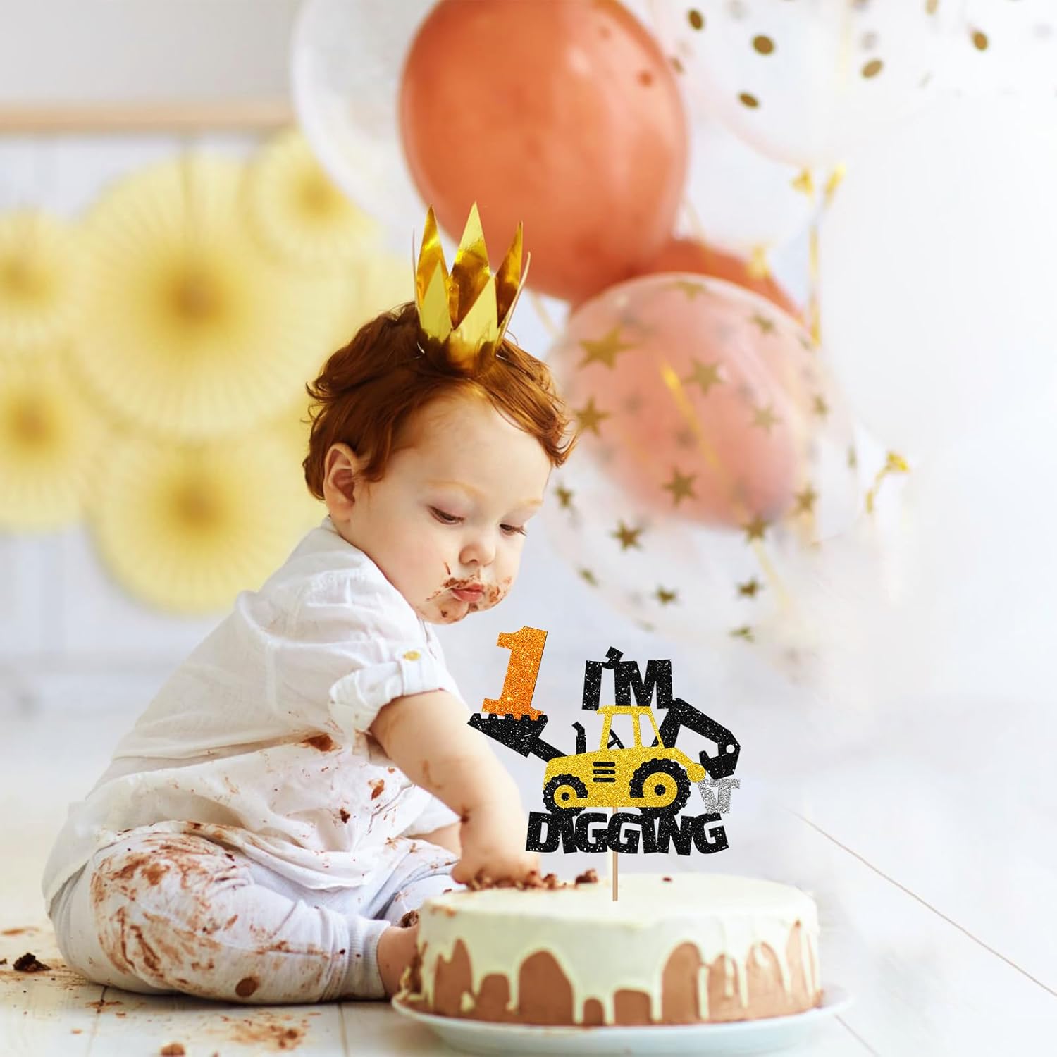 Decoración para tartas de primer cumpleaños de construcción, excavadora, bulldozer, camión rodante de carretera, decoración de pastel de primer