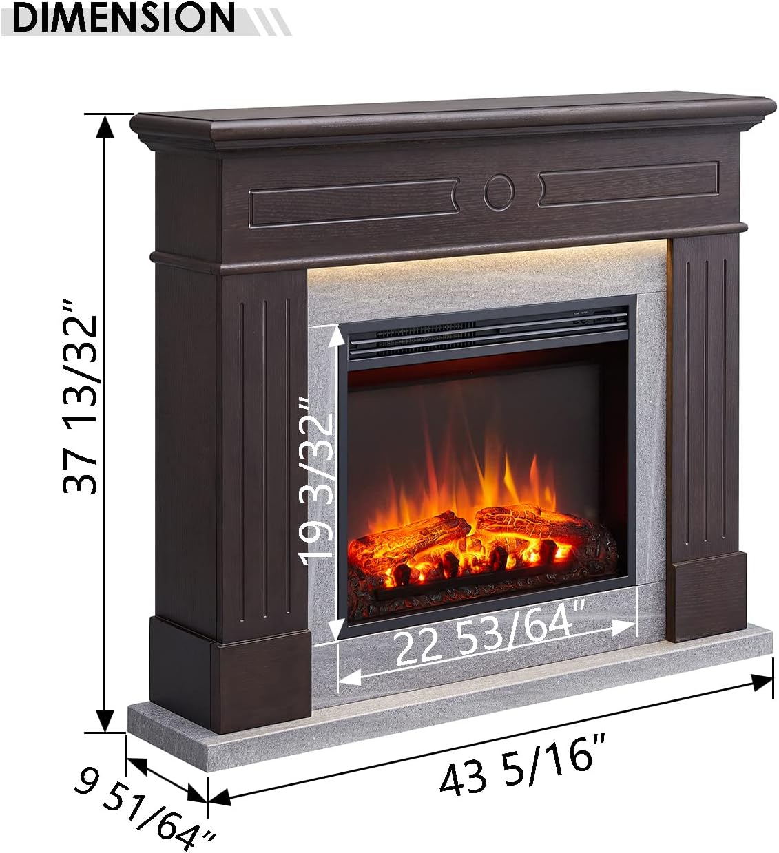 LegendFlame Suite Chimenea Alton, mantel envolvente de 43 pulgadas, roble espresso con acabado de mármol gris claro, con inserto de chimenea