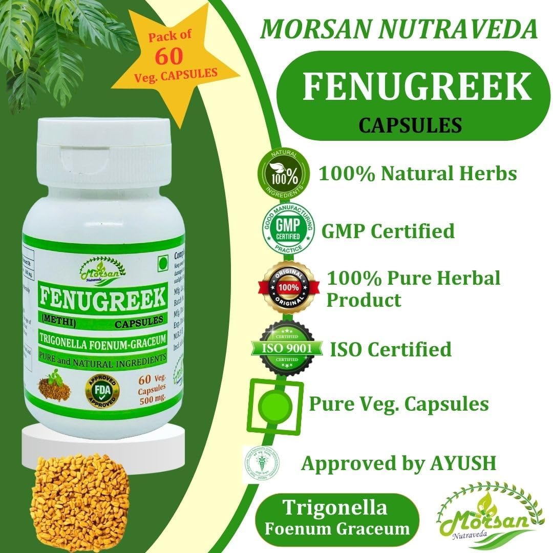 Morsan Nutraveda’s Fenogreco (Methi, Trigonella foenum Graceum) Cápsulas  Paquete de 60 x 500 mg. Veg. Cápsulas (1)