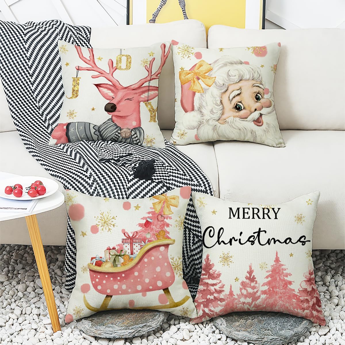 wyooxoo Fundas de almohada de Navidad de 16 x 16 pulgadas, juego de 4 fundas de almohada con diseño de reno rosa con árbol de Navidad, decoración de