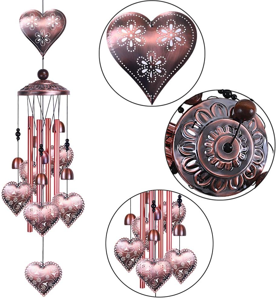 Carillones de viento de corazón amoroso para decoración de interiores y exteriores, con 4 tubos de aluminio, 6 campanas, 7 corazones, captador de