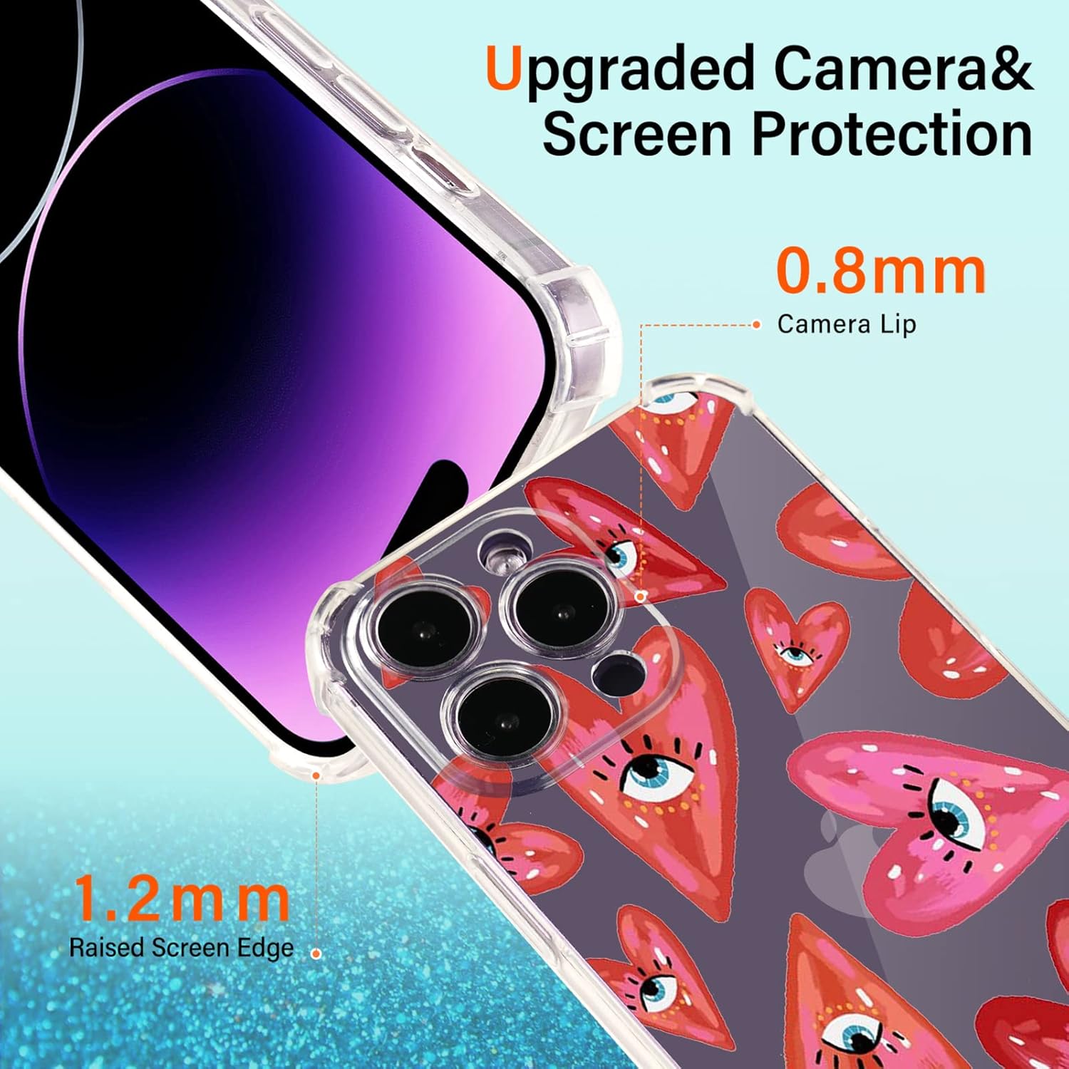 Buffertech – Funda para iPhone 11 Pro Max con diseño de ojos rojos, patrón de corazones de amor con protector de pantalla impacto de caída de 6.6