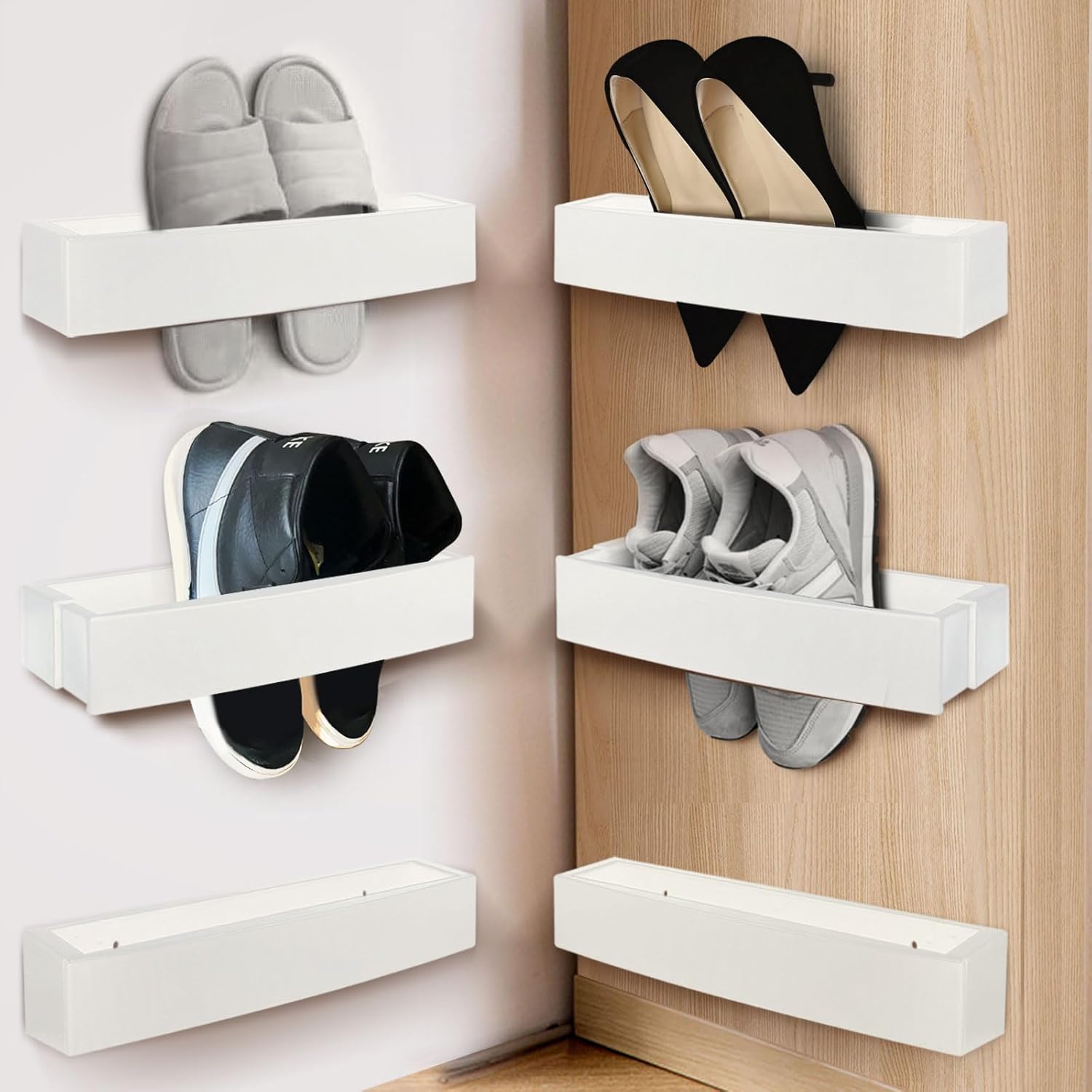 Nirxxiy Paquete de 6 zapateros ajustables para montar en la pared, organizador de almacenamiento de plástico para zapatos, almacenamiento de RV,