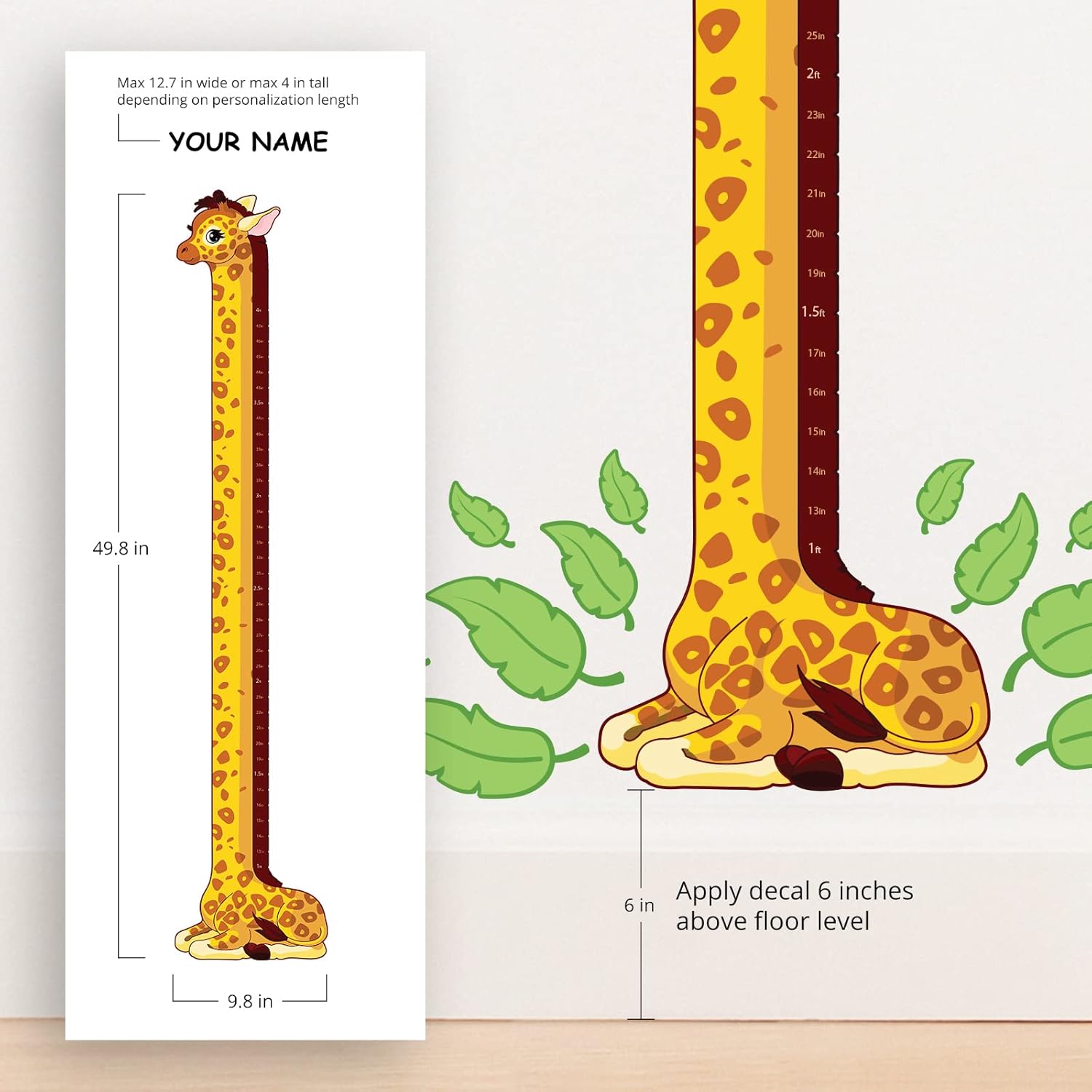 Oliver’s Labels Tabla de crecimiento para niños, bonita calcomanía de pared personalizada, regla para tamaño infantil, calcomanía de medición de