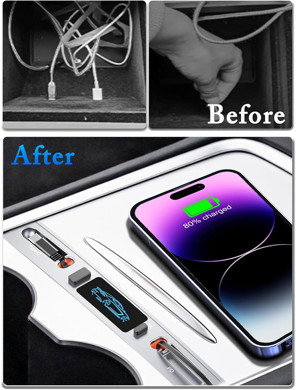 Qidoe para Tesla USB Hub, estación de acoplamiento con cable de carga rápida retráctil PD tipo C para Tesla Modelo Y Modelo 3 2021 2022 2023 Consola