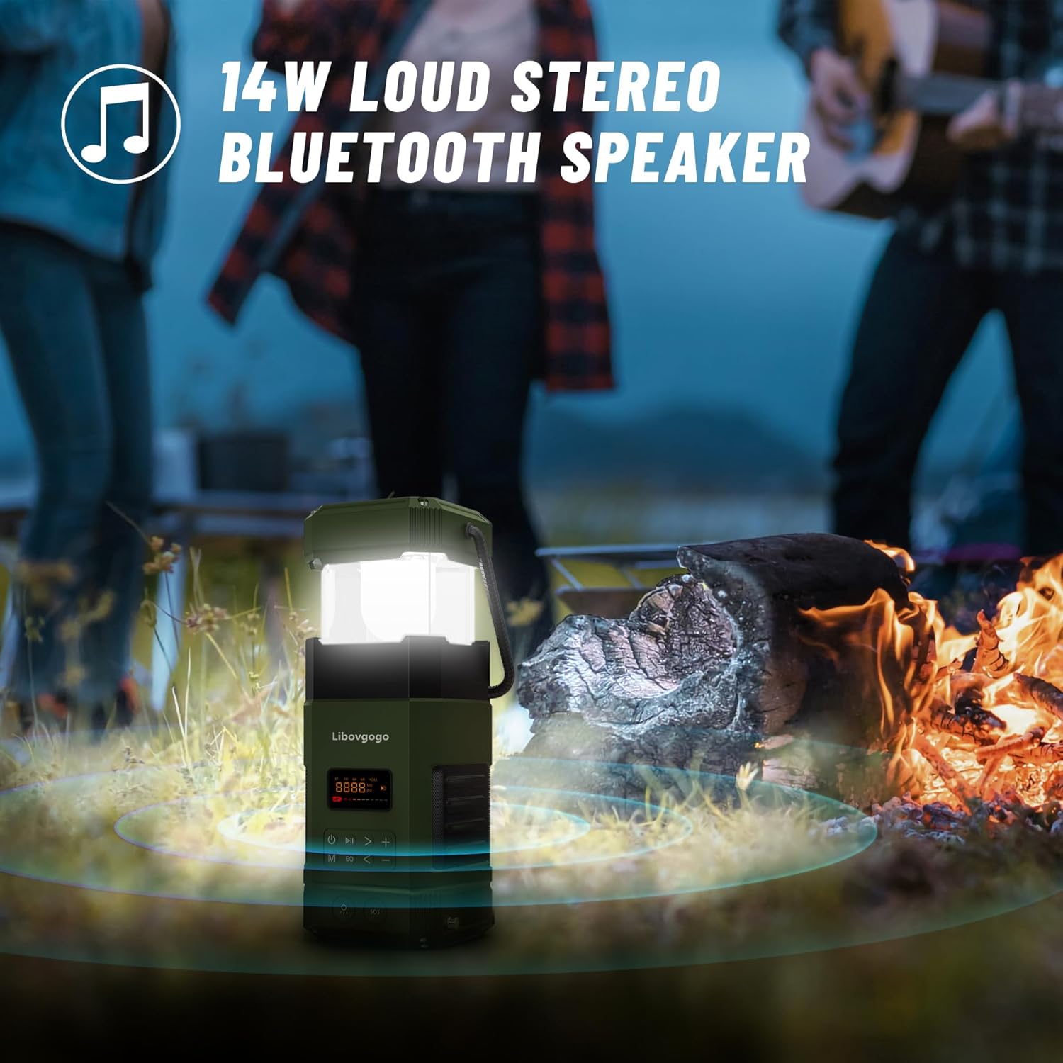 Libovgogo DF-585 – Linterna LED de emergencia para acampar, altavoz Bluetooth estéreo impermeable IPX5, radio de alerta meteorológica NOAA con