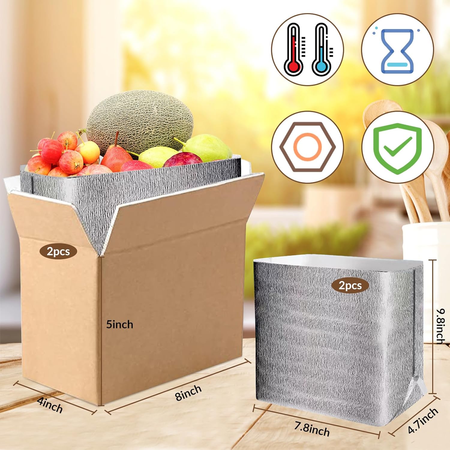 Paquete de 2 cajas de envío Thermo Chill con doble aislamiento con forro de bolsa aislante de papel de aluminio, 8 x 4 x 5 pulgadas, reutilizable,
