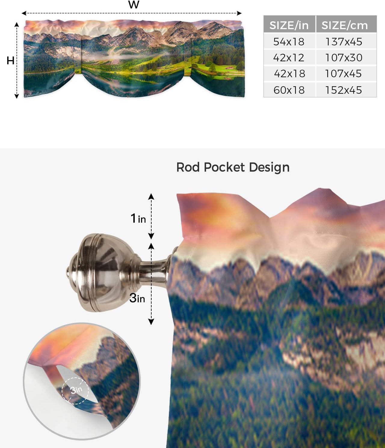 Valances for Windows, Natural Landscape Scenery Beautiful Dreamy Sundown Sunset Lake Tie Up Valance Curtains Light Filtering Adjustable Window