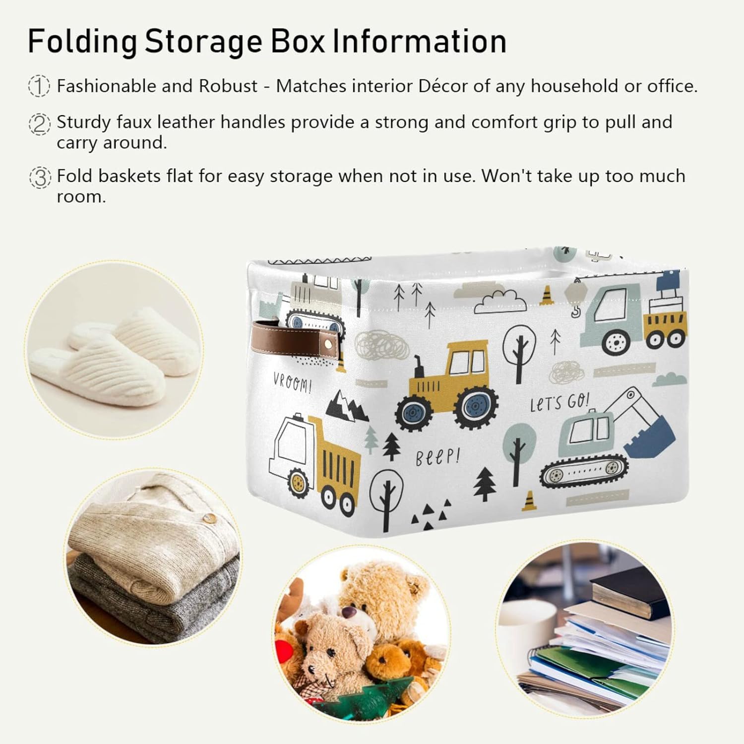 Cute Cars Truck Tractor Large Storage Basket Crane Bulldozer Excavator Nursery Bins Collapsible Clothes Laundry Hamper with Handles for Home Living