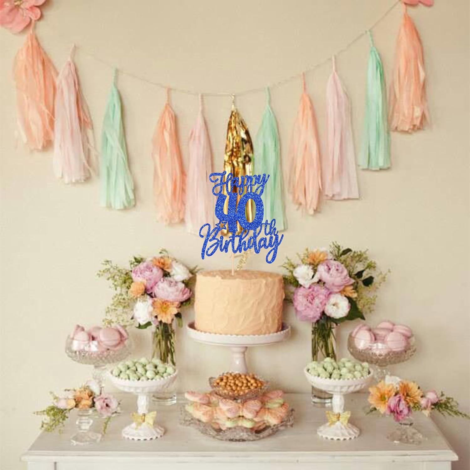 1 pieza de decoración de pastel de feliz cumpleaños 40 con purpurina y saludos a 40 años, selección de pastel de cuarenta y hola 40, fabulosa