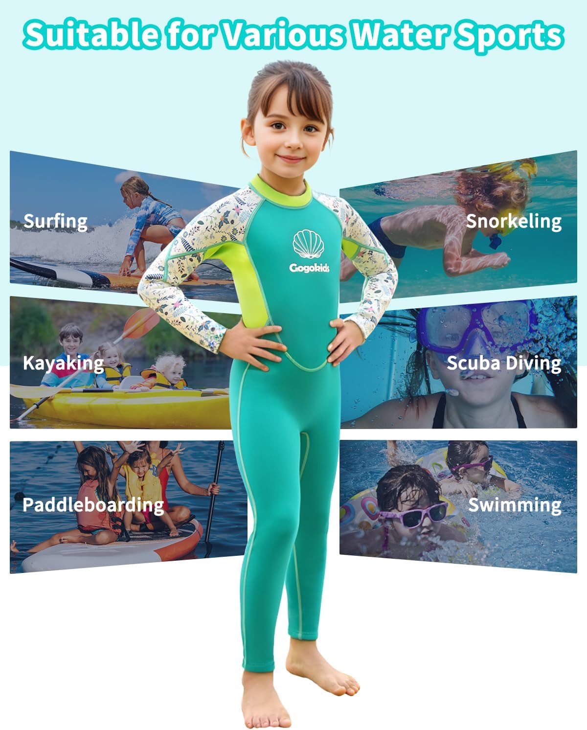 Gogokids Traje de neopreno para niños, para jóvenes, de 0.18 pulgadas, térmicos, de manga larga, con cremallera trasera, protección solar para