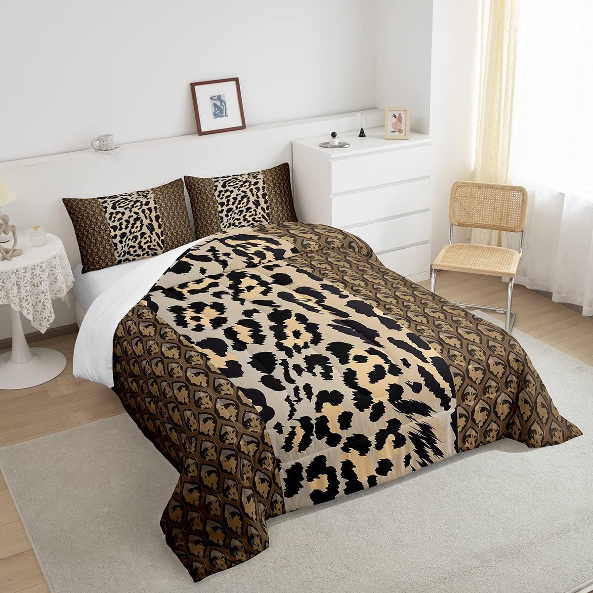 Erosebridal Juego de edredón con estampado de leopardo, juego de ropa de cama de guepardo marrón con estampado de animales, juegos de edredón de