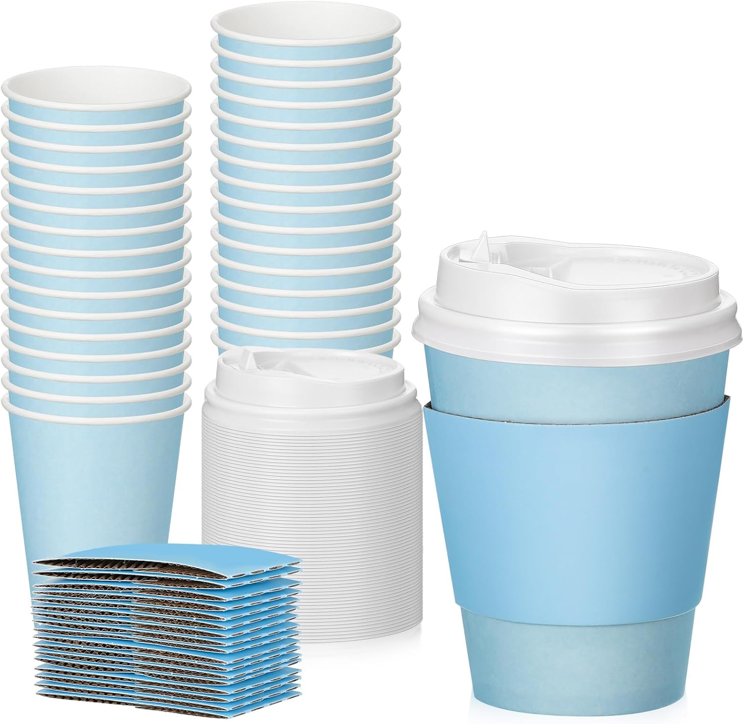48 tazas de café desechables de 12 onzas con tapas y fundas a granel, tazas de papel aisladas para bebidas calientes y frías, jugo de agua, cacao,