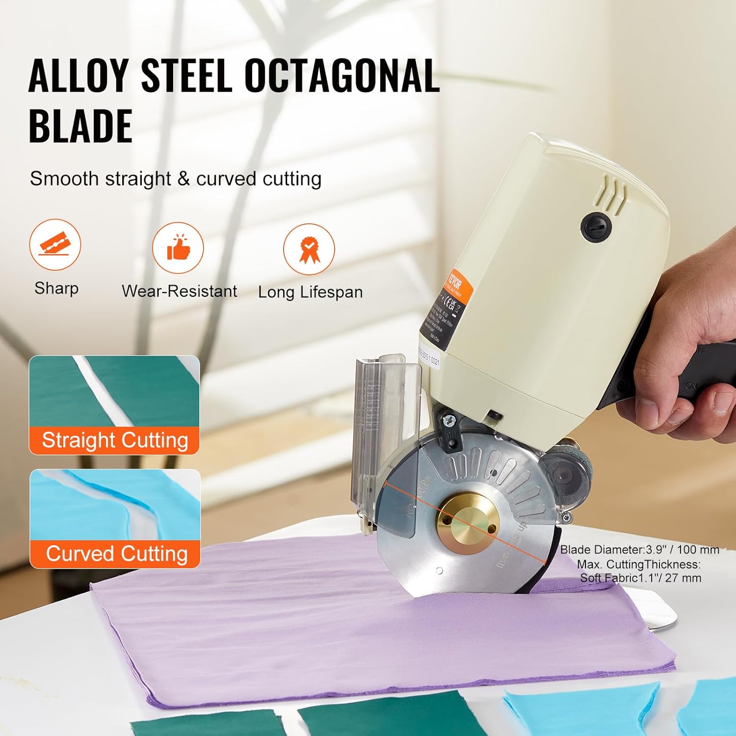 VEVOR Cortador de tela, máquina de corte rotativa eléctrica de tela de 250 W, grosor de corte de 1.1 pulgadas, cuchillo octogonal, con hoja de