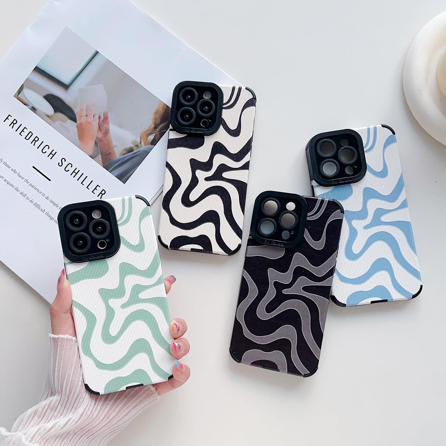 Diseñada para iPhone 13, funda de piel sintética suave TPU y bonito arte ondulado pintado para mujeres y hombres, compatible con iPhone (grisiPhone