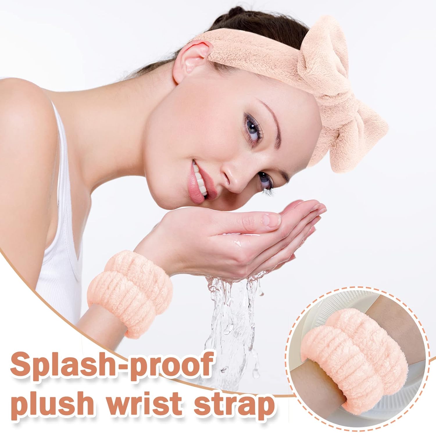 Juego de 3 diademas de spa y muñequeras para el cuidado de la piel, bandas para el cuidado de la piel, diadema rosa lavado, suave maquillaje facial,