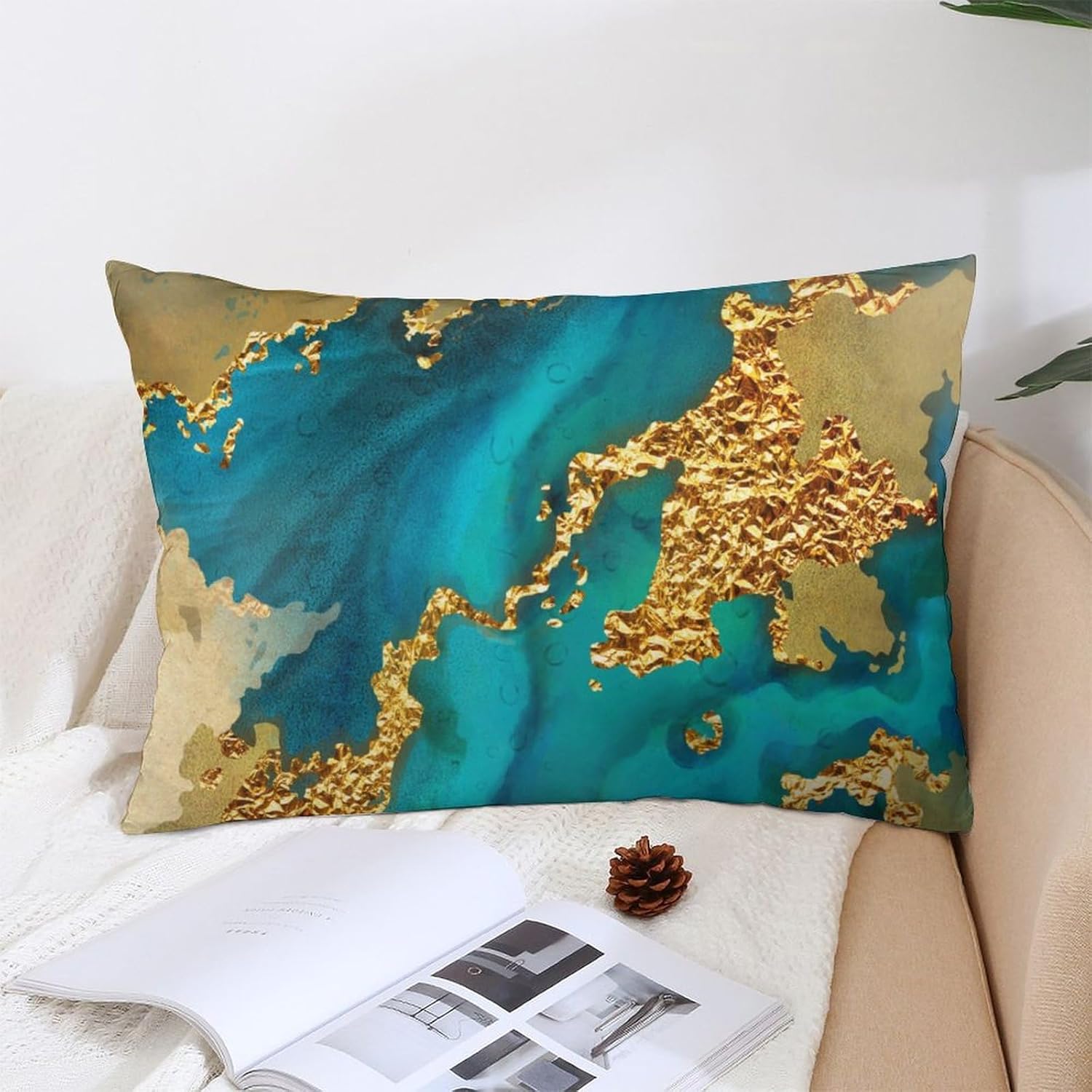HOSTECCO Juego de 4 fundas de almohada lumbar de 12 x 20 pulgadas, color verde azulado y dorado, fundas modernas abstractas de arte contemporáneo