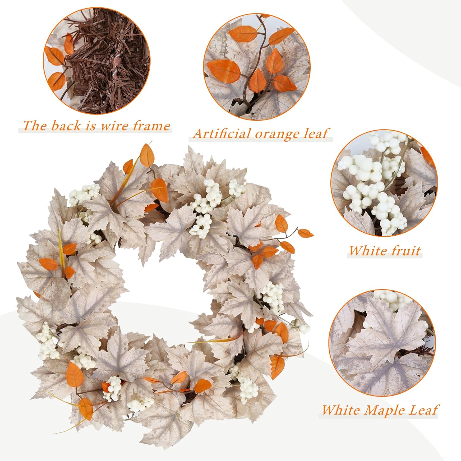 Coronas de otoño para puerta delantera, corona artificial de otoño con hojas de arce de Acción de Gracias para el hogar, granja, cosecha de Acción