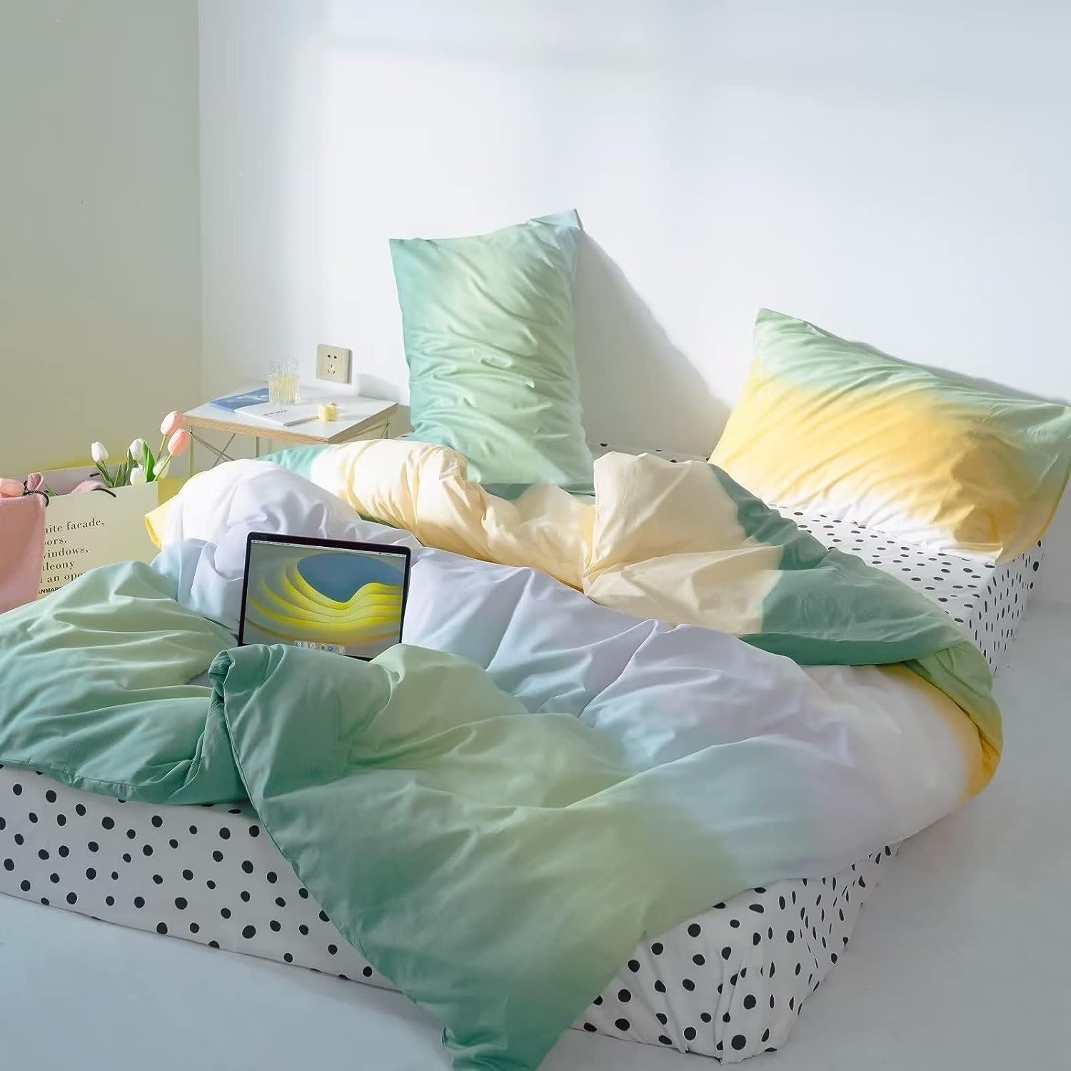 Juego de edredón verde degradado, tamaño matrimonial, color verde salvia y amarillo, juego de ropa de cama multicolor, amarillo y verde claro, juego