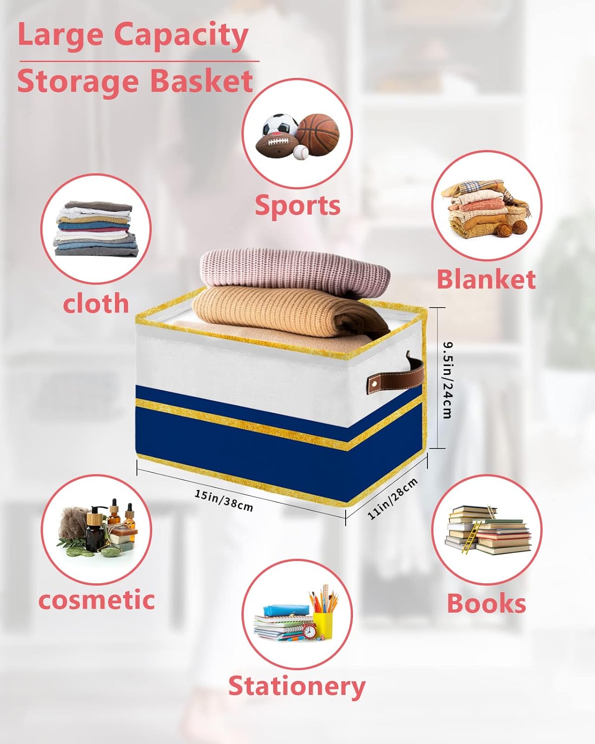 Luxurious Navy Blue Geometric Storage Basket for Organizing Shelves, Collapsible Storage Bins Boxes with Handle, Yellow Modern Line Abstract Art