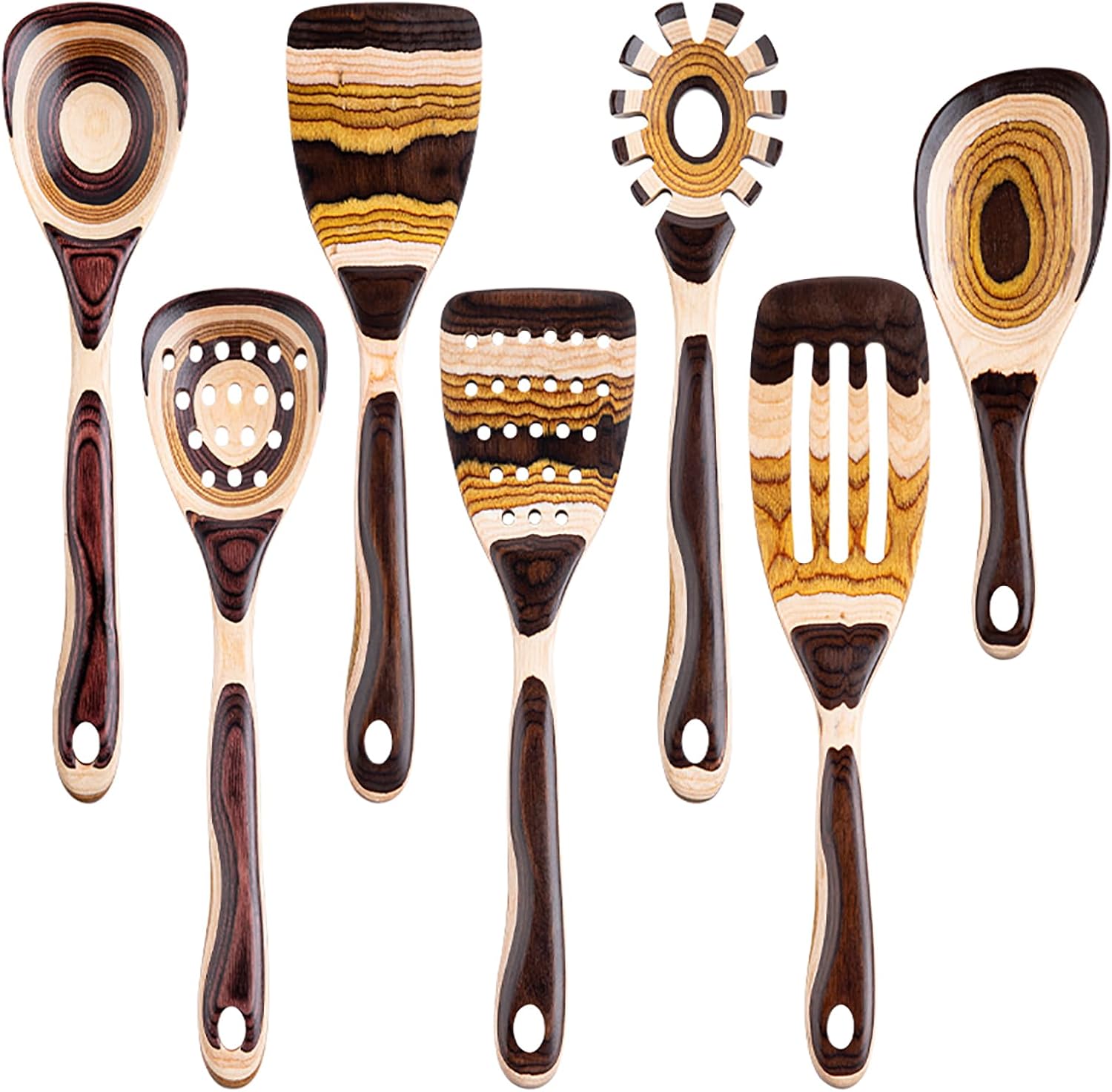 Gudamaye Juego de utensilios de madera de Pakkawood marrón de 7 piezas, resistentes, ecológicos, cuchara de madera para cocinar, utensilio de madera