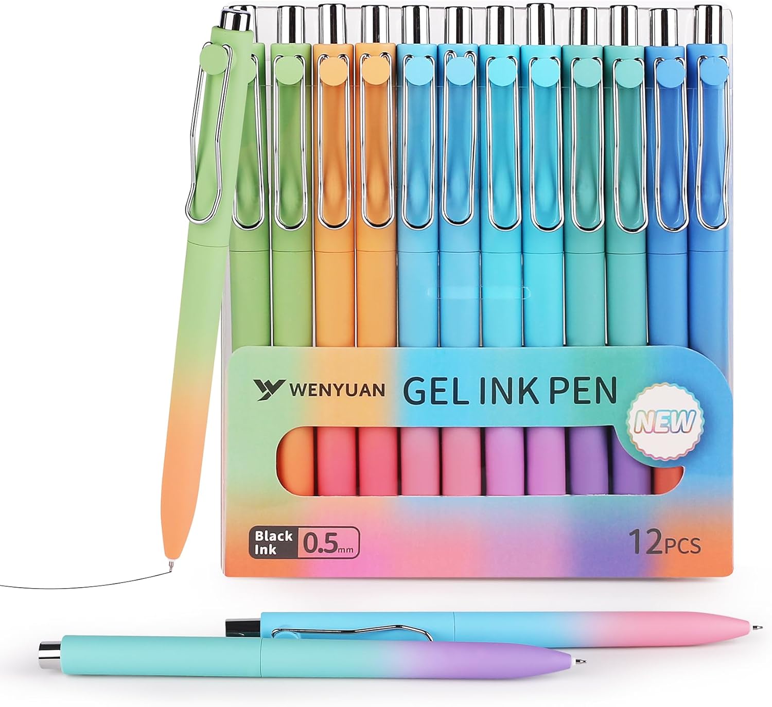 WY WENYUAN Bolígrafos de gel, 12 bolígrafos de tinta negra, bolígrafos de escritura suave de punta fina, bolígrafos pastel para tomar notas,