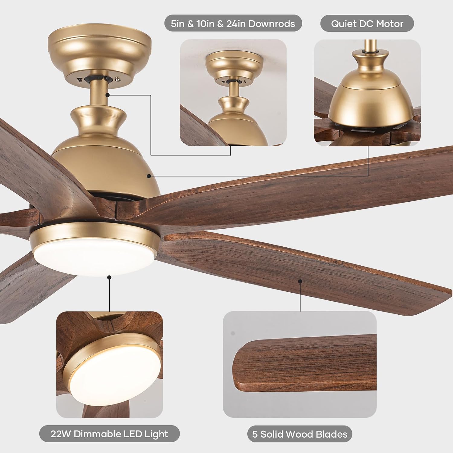 Ventilador de techo dorado de 52 pulgadas con luces y control remoto, ventilador de techo para exteriores con luz, luz LED regulable, ventilador de