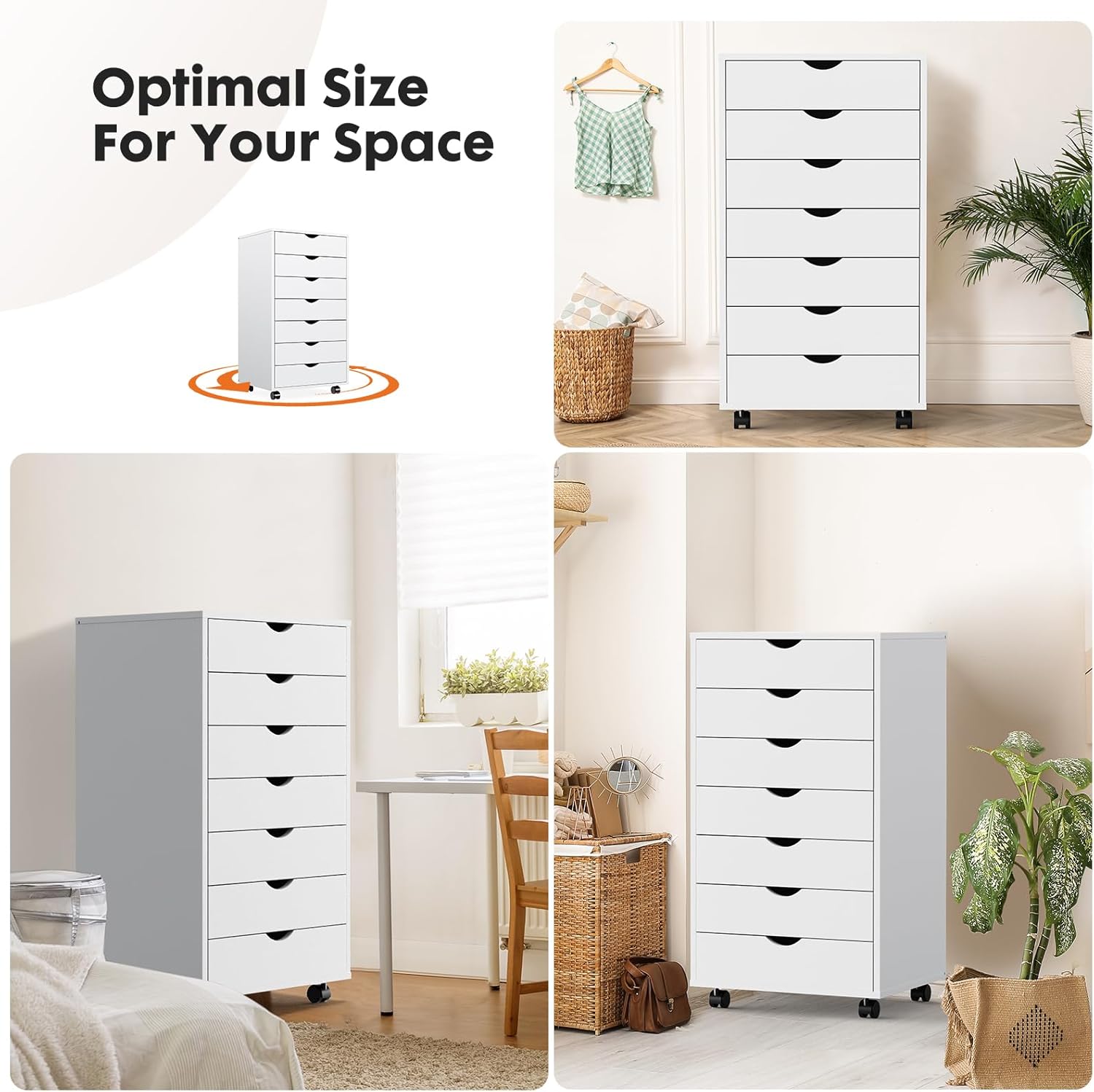 Sweetcrispy Cómoda de 7 cajones  Armarios de almacenamiento, aparadores de madera con ruedas, organizador móvil para oficina, hogar, color blanco