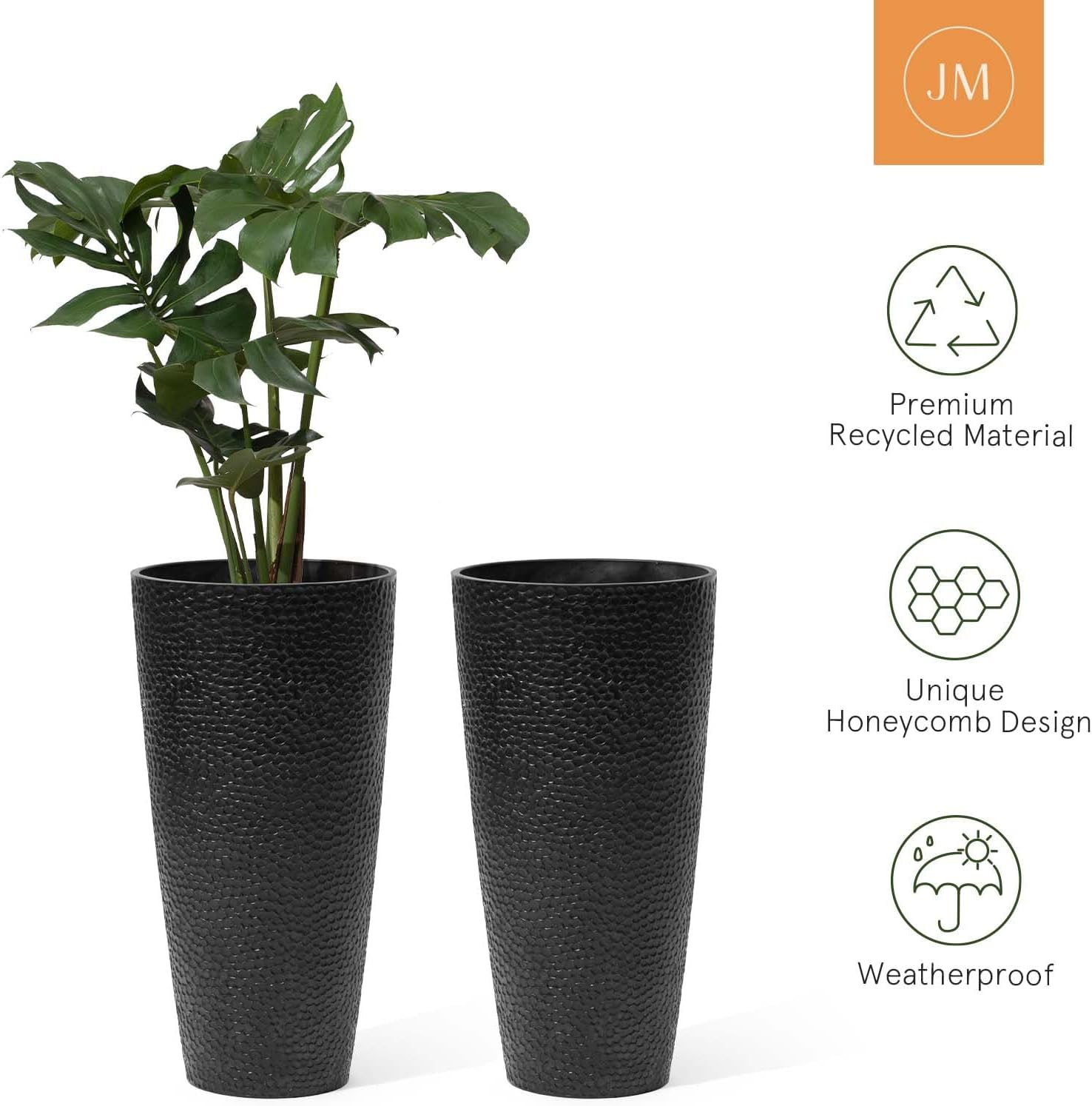 LA JOLIE MUSE Juego de 2 macetas negras de 28 pulgadas de alto, macetas redondas de plástico grandes para plantas de interiorexterior, macetas