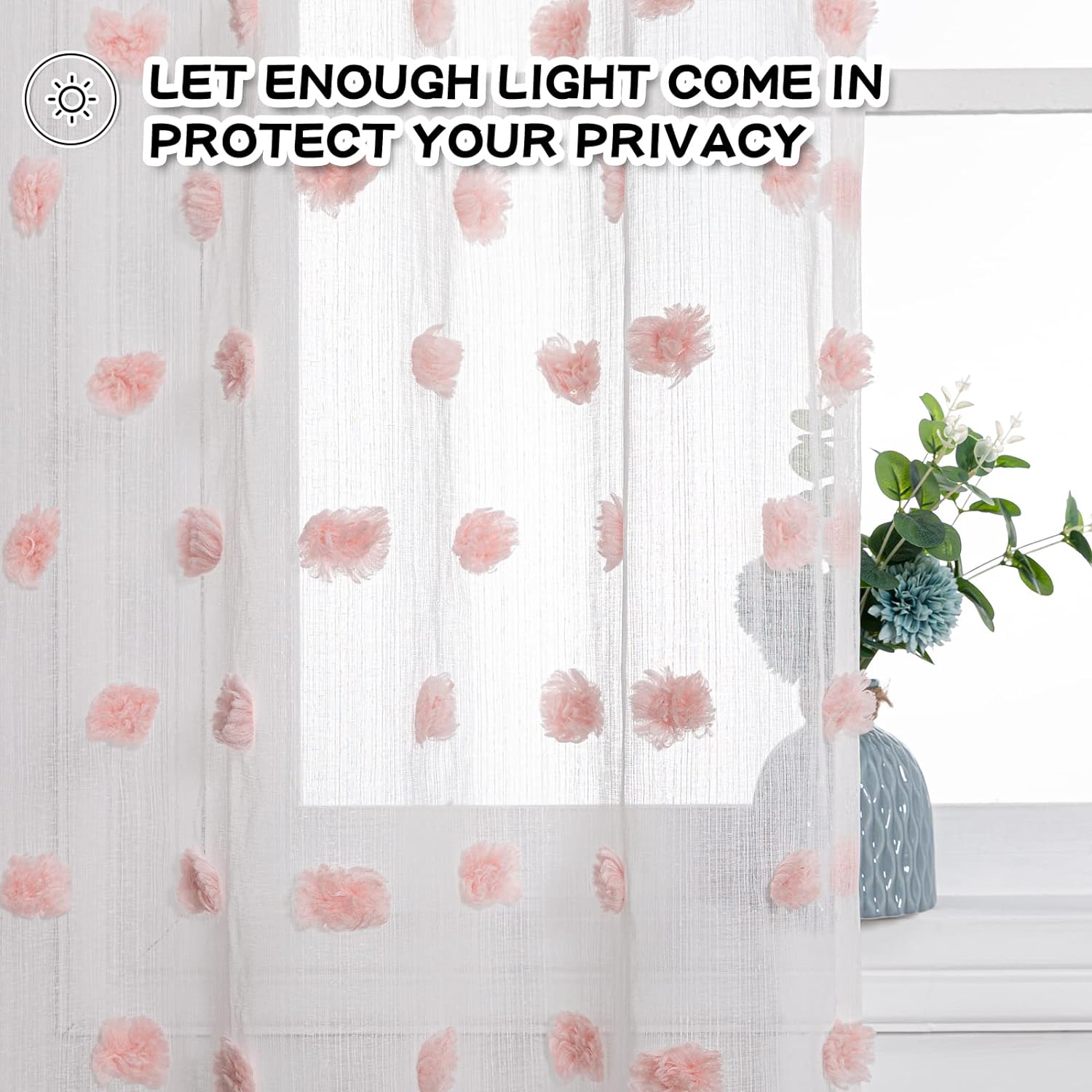 MYSKY HOME Cortinas pequeñas para ventana de baño o cocina, 45 pulgadas de largo, cortinas traslúcidas con pompones rosas y bolsillo para cortinero,
