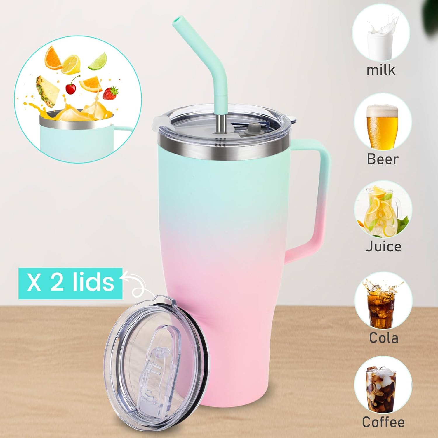 Vaso de 40 onzas con asa y popote, mantiene las bebidas frías durante 30 horas o calientes 9 horas, vaso de viaje grande aislado de acero inoxidable