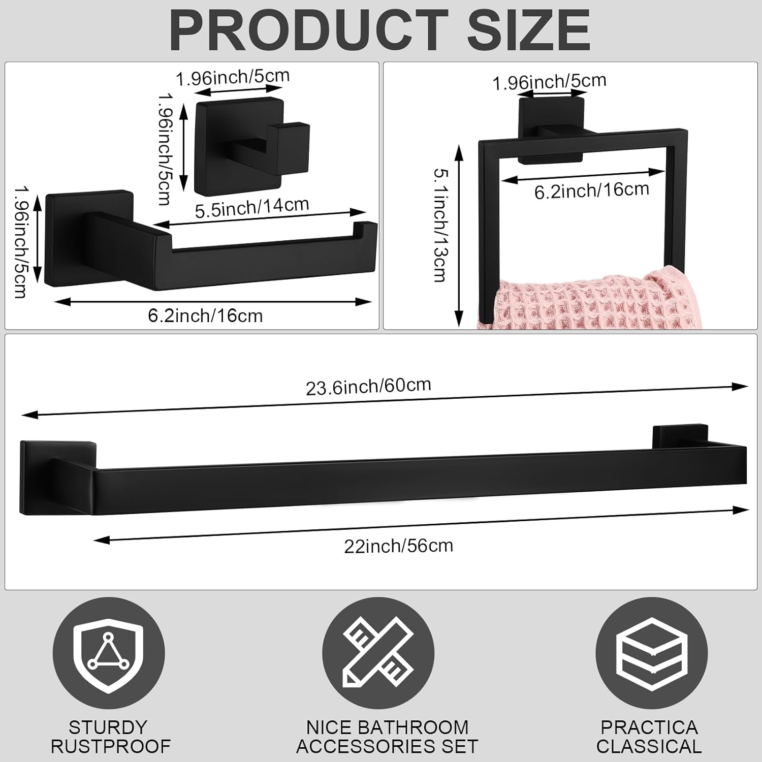 Juego de accesorios de baño, juego de barra de toalla de baño de 23.6 pulgadas, juego de accesorios de baño de acero inoxidable, toalleros para baño