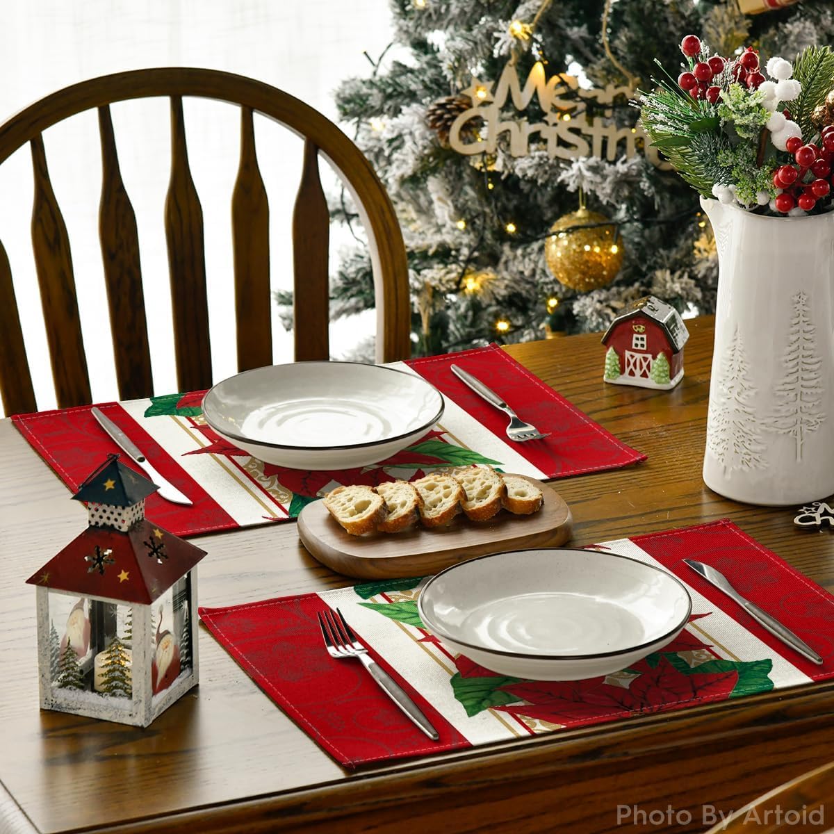 Artoid Mode Juego de 6 manteles individuales de Navidad con acuarela, color rojo, 12 x 18 pulgadas, para decoración de fiestas, cocina, comedor