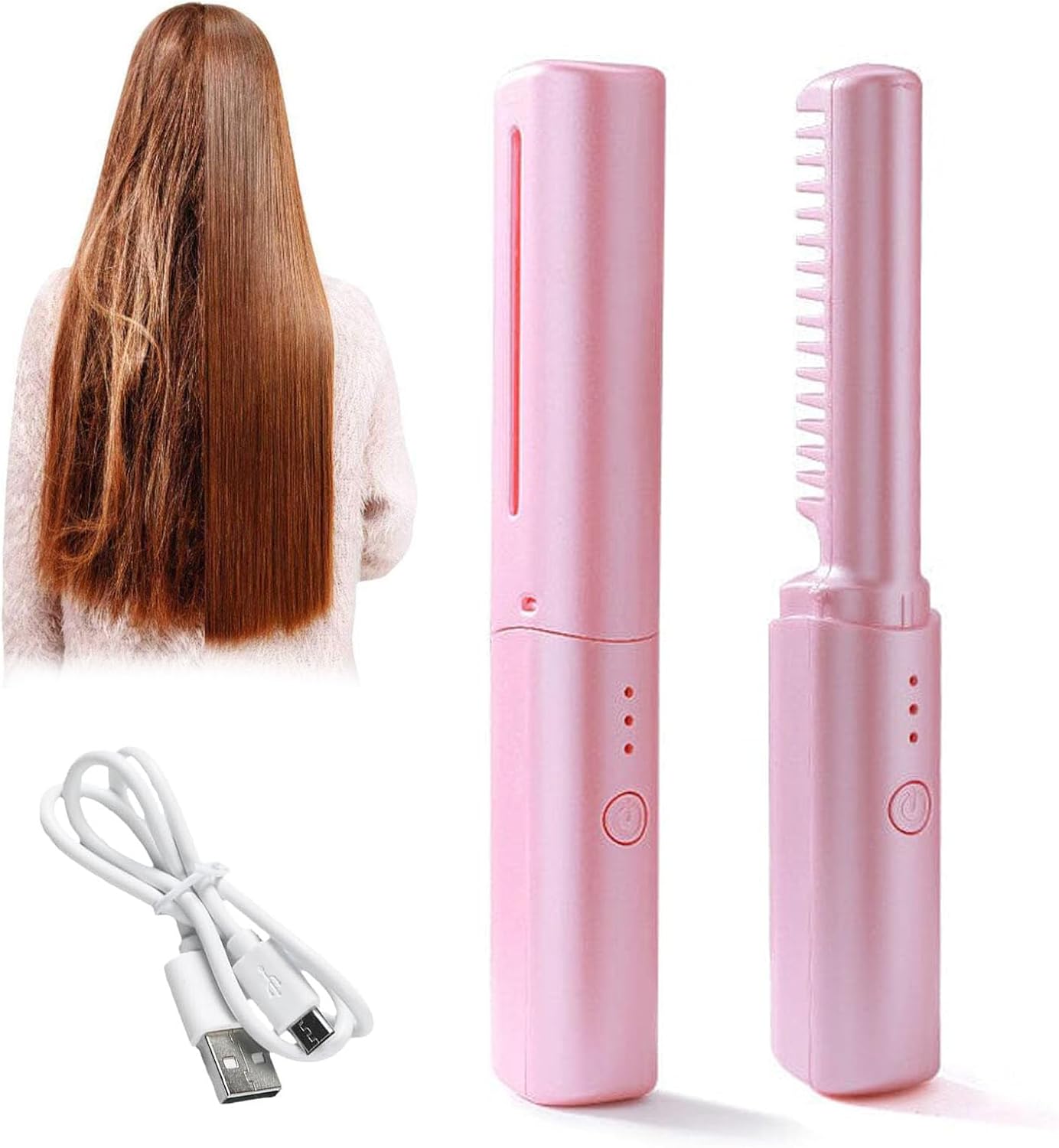 Mini alisadora de pelo recargable, cepillo alisador de pelo inalámbrico, tres ajustes de temperatura, plancha plana, tamaño de viaje, adecuado para