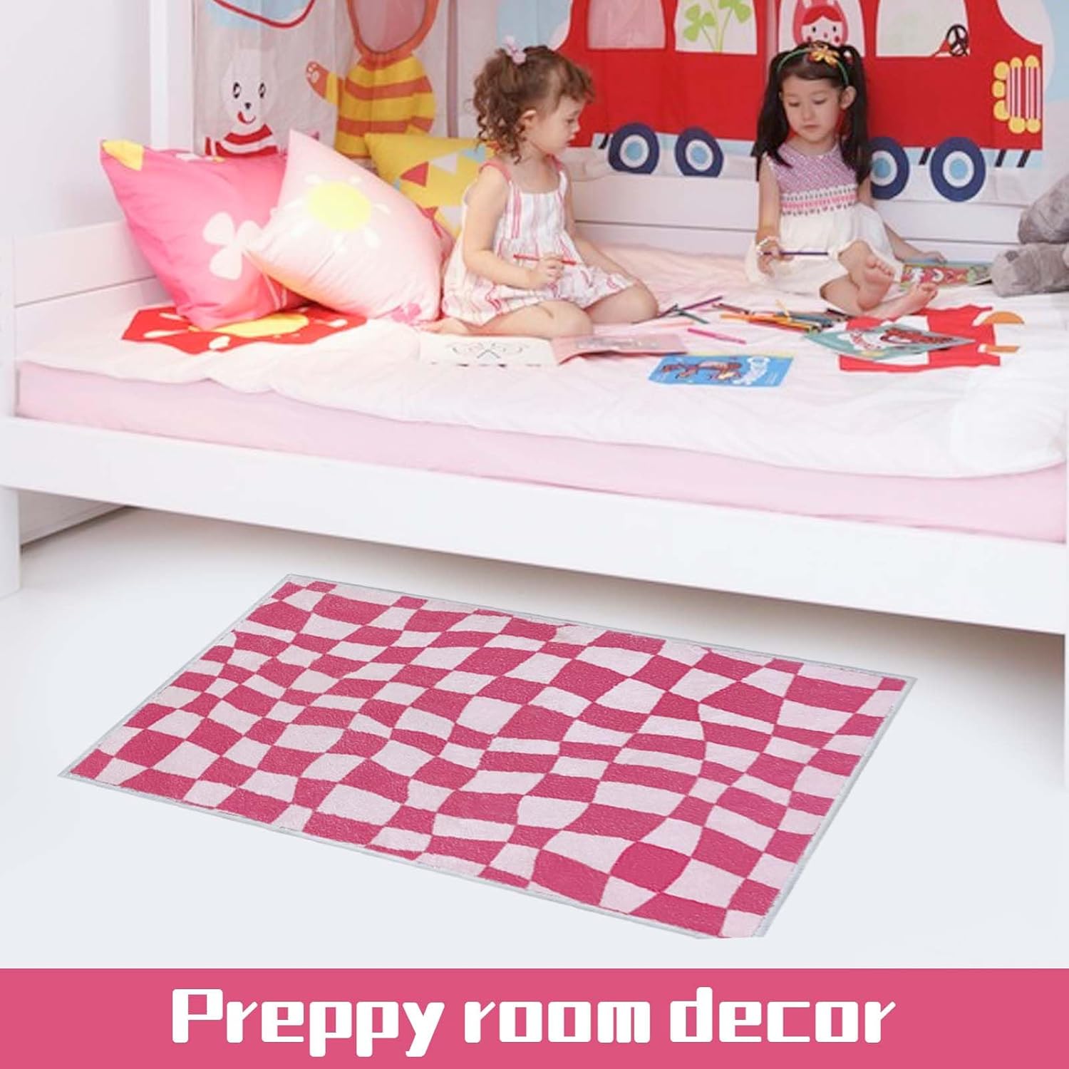 BOAZZ Alfombra de baño rosa Preppy Decoración de habitación (a cuadros)