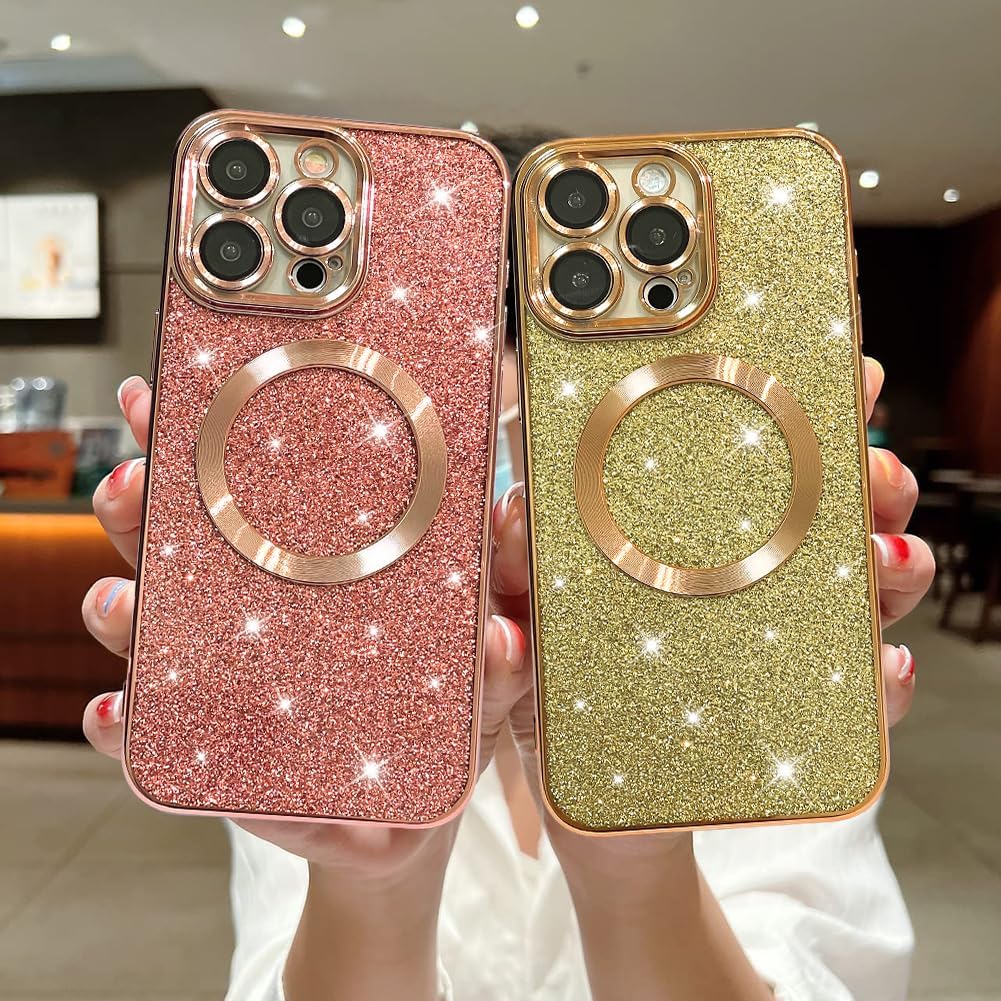 Jefonha Funda magnética con purpurina para iPhone 14 Pro de 6.1 pulgadas, compatible con Magsafe, bonita funda de lujo chapada en brillo, protector