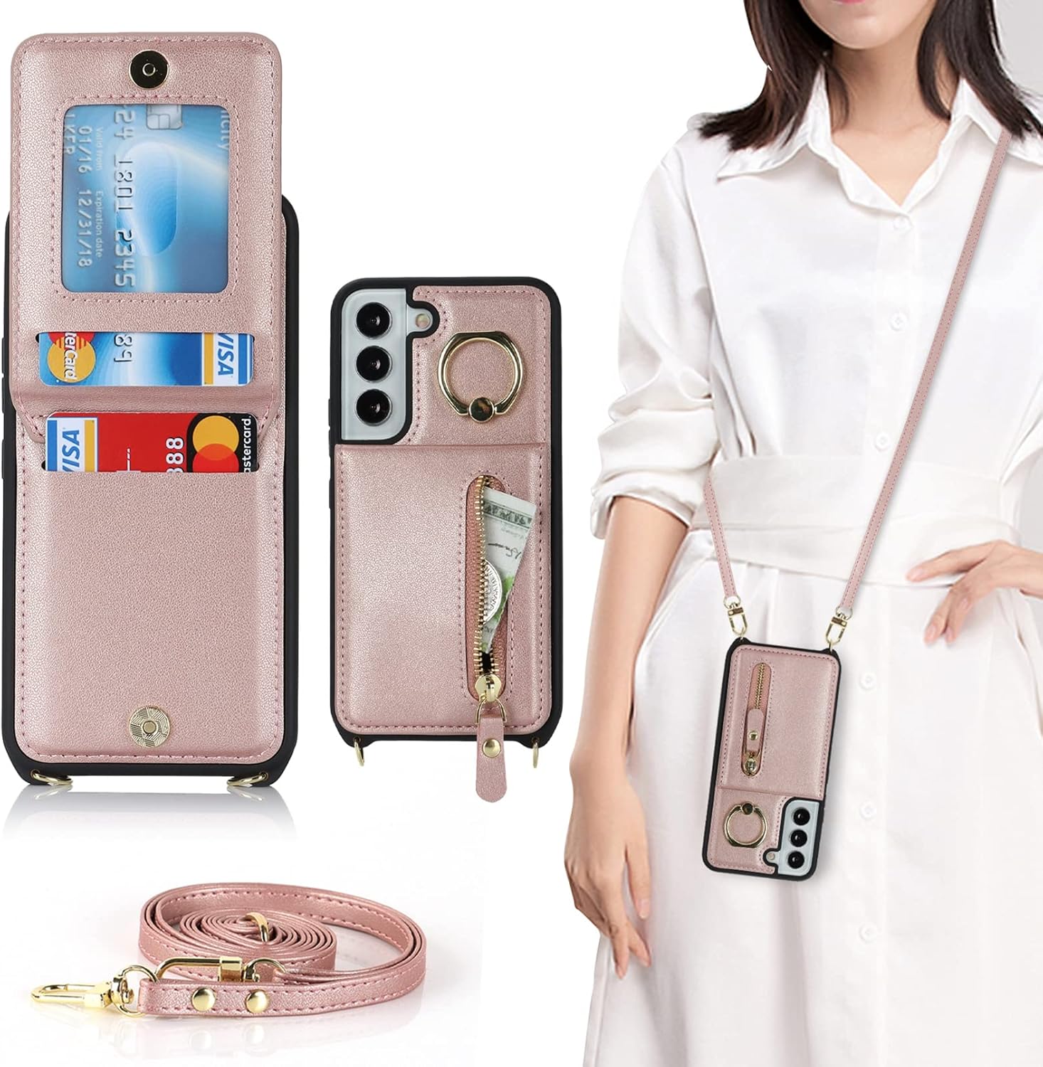 Jaorty Funda para Samsung Galaxy S22 5G para mujer con tarjetero, funda para Samsung S22, cartera cruzada con correa, ranuras para tarjetas de
