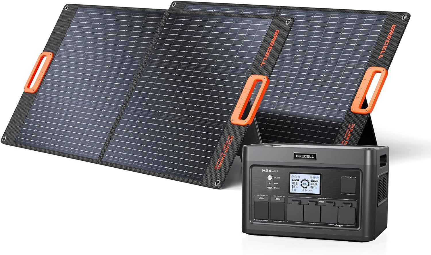 GRECELL Estación de energía portátil de 2400 W generador solar con 2 paneles solares de 100 W, fuente de alimentación de batería LiFePO4 de respaldo