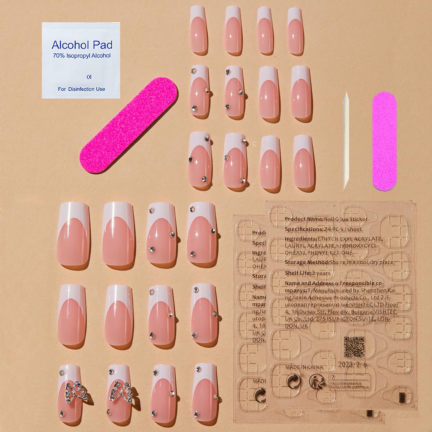 Uñas postizas a presión con punta francesa blanca, uñas postizas cuadradas de longitud media, color rosa, cobertura completa, con pegamento con dije