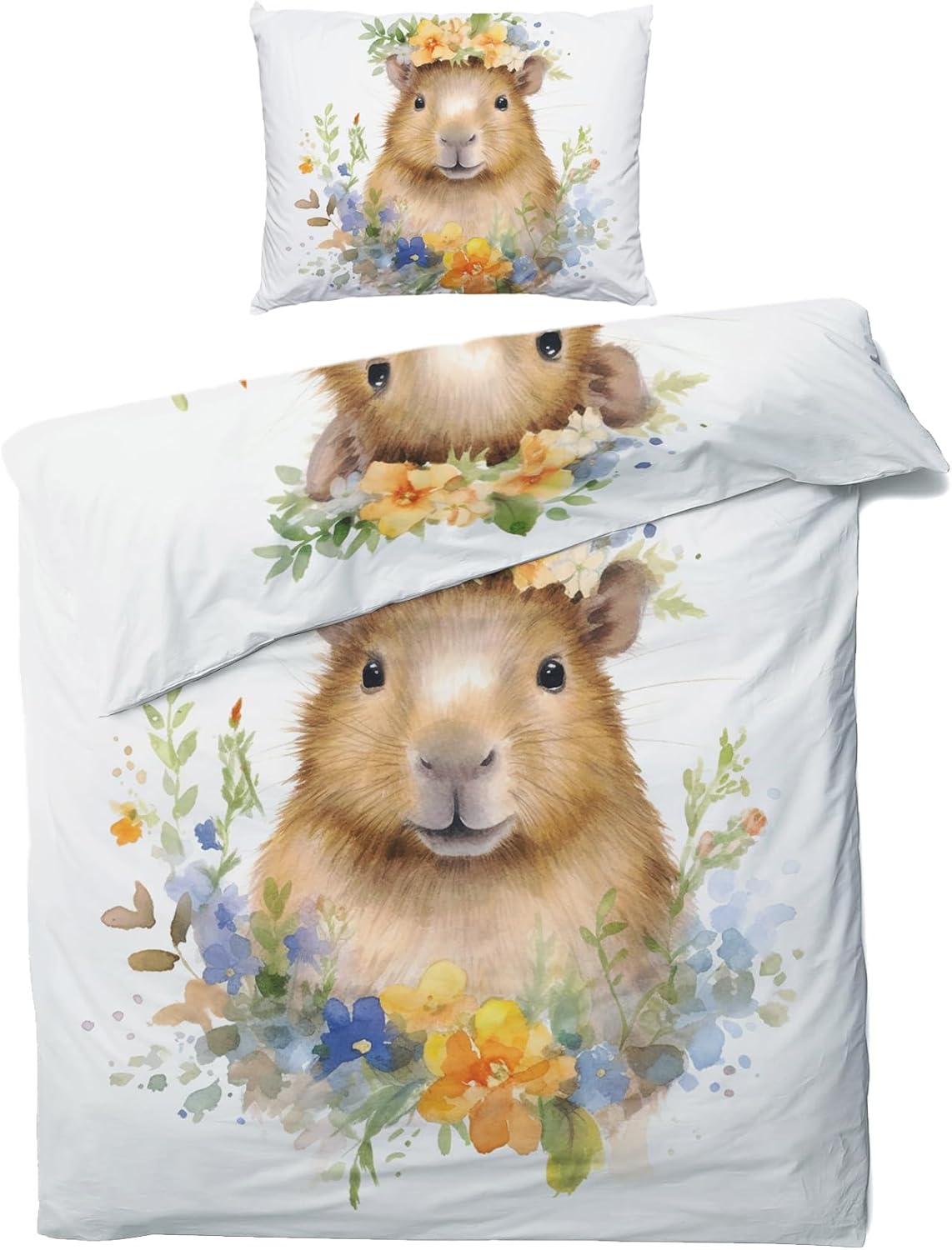 zcwl Capybara Funda de edredón tamaño individual  Juego de ropa de cama de animales florales  2 piezas  Funda de edredón con patrón de microfibra