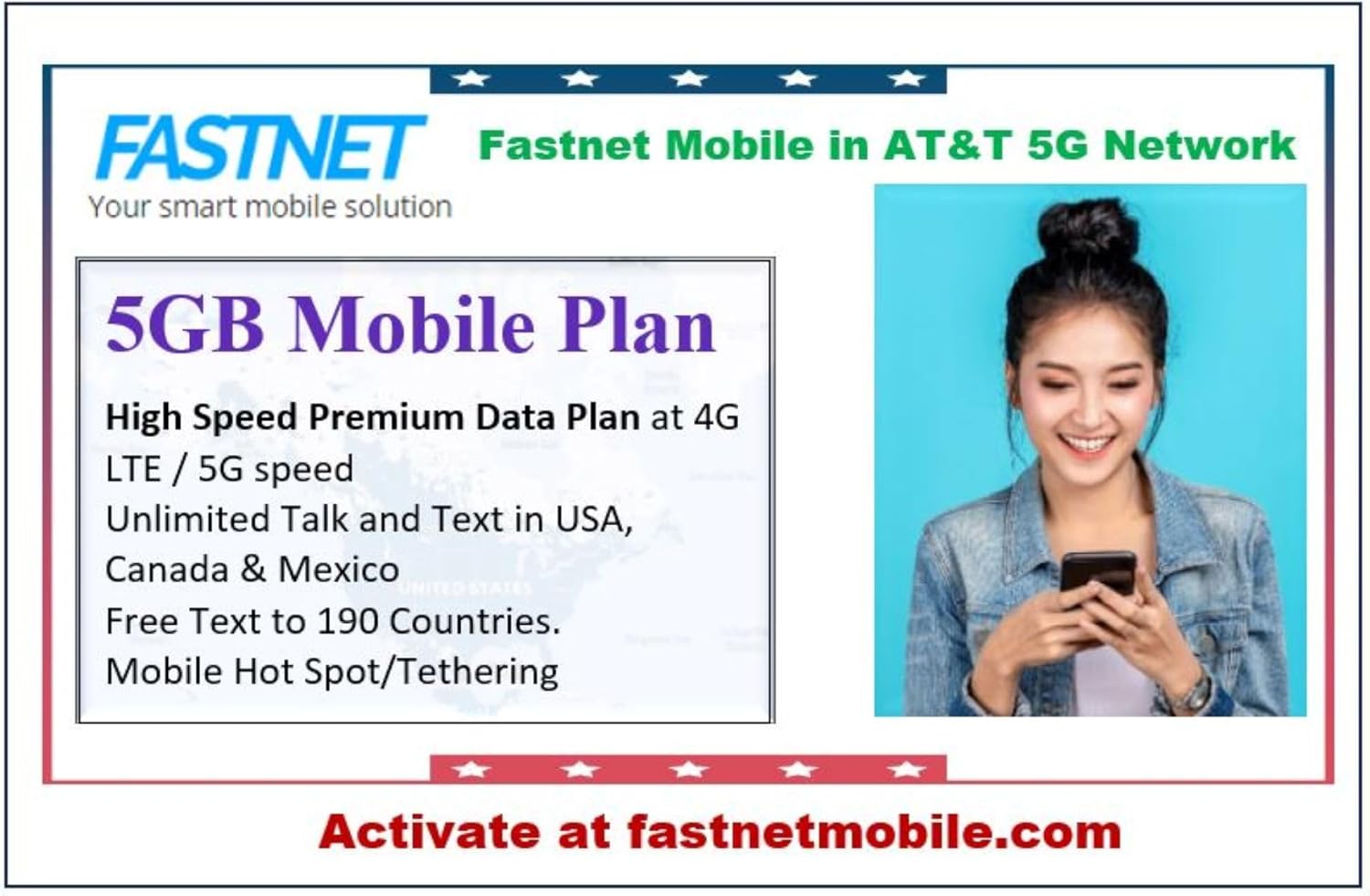 Plan móvil de 5 GB de $15 por mes. Plan de datos móviles premium en 4G LTE, velocidad 5G con llamadas y texto ilimitados, punto de acceso móvil,